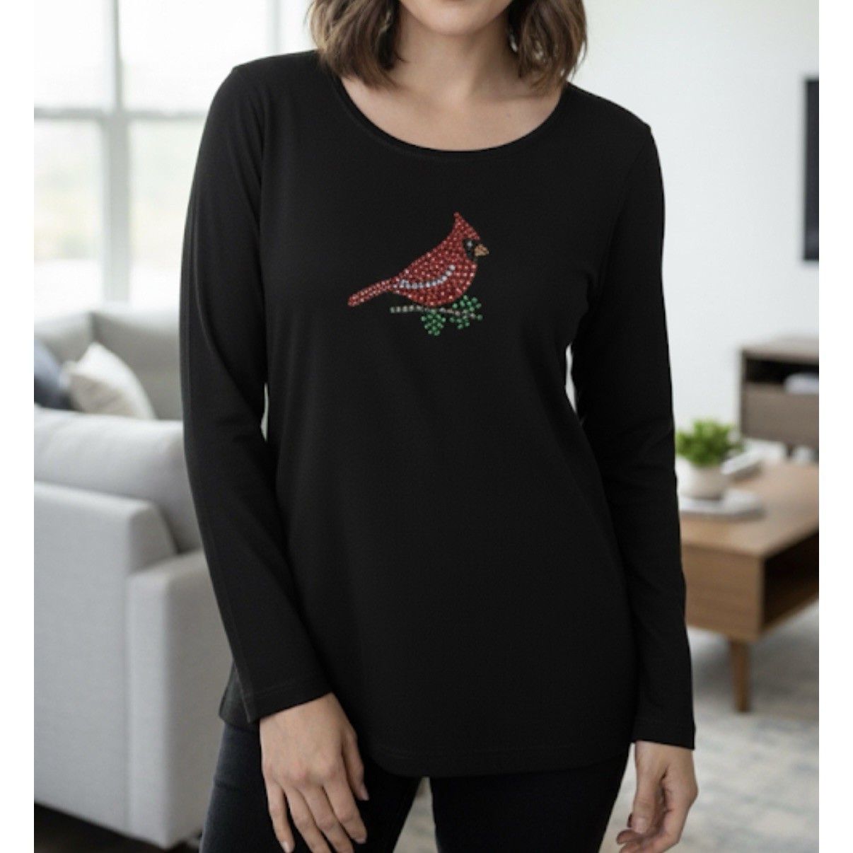 Quacker Factory Black Red Rhinestone Cardinal Bird Knit Top Size 1X