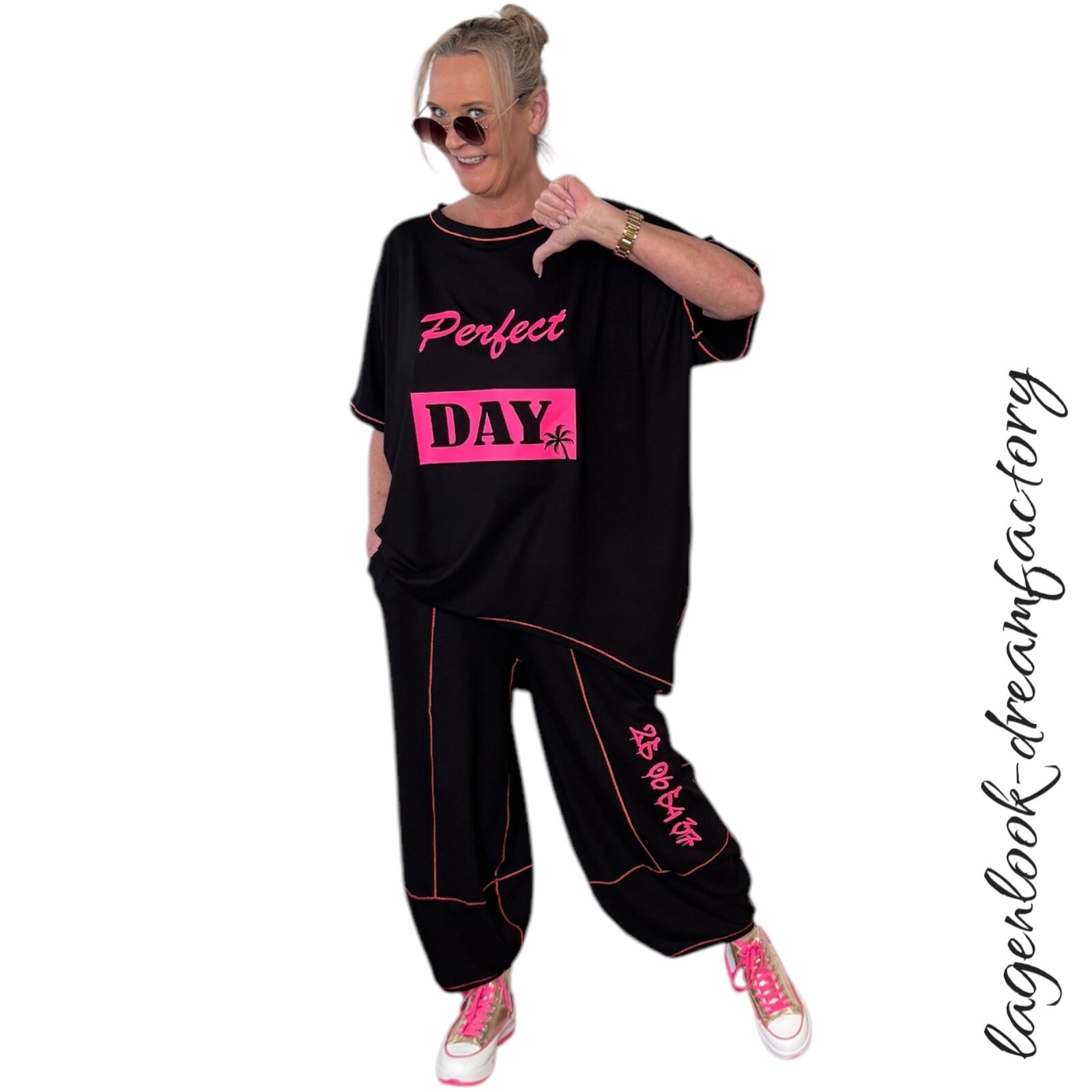 Lagenlook Balloon Jersey Jumper Short Sleeve Black Neon Pink 44 46 48 50 52 54 56 58