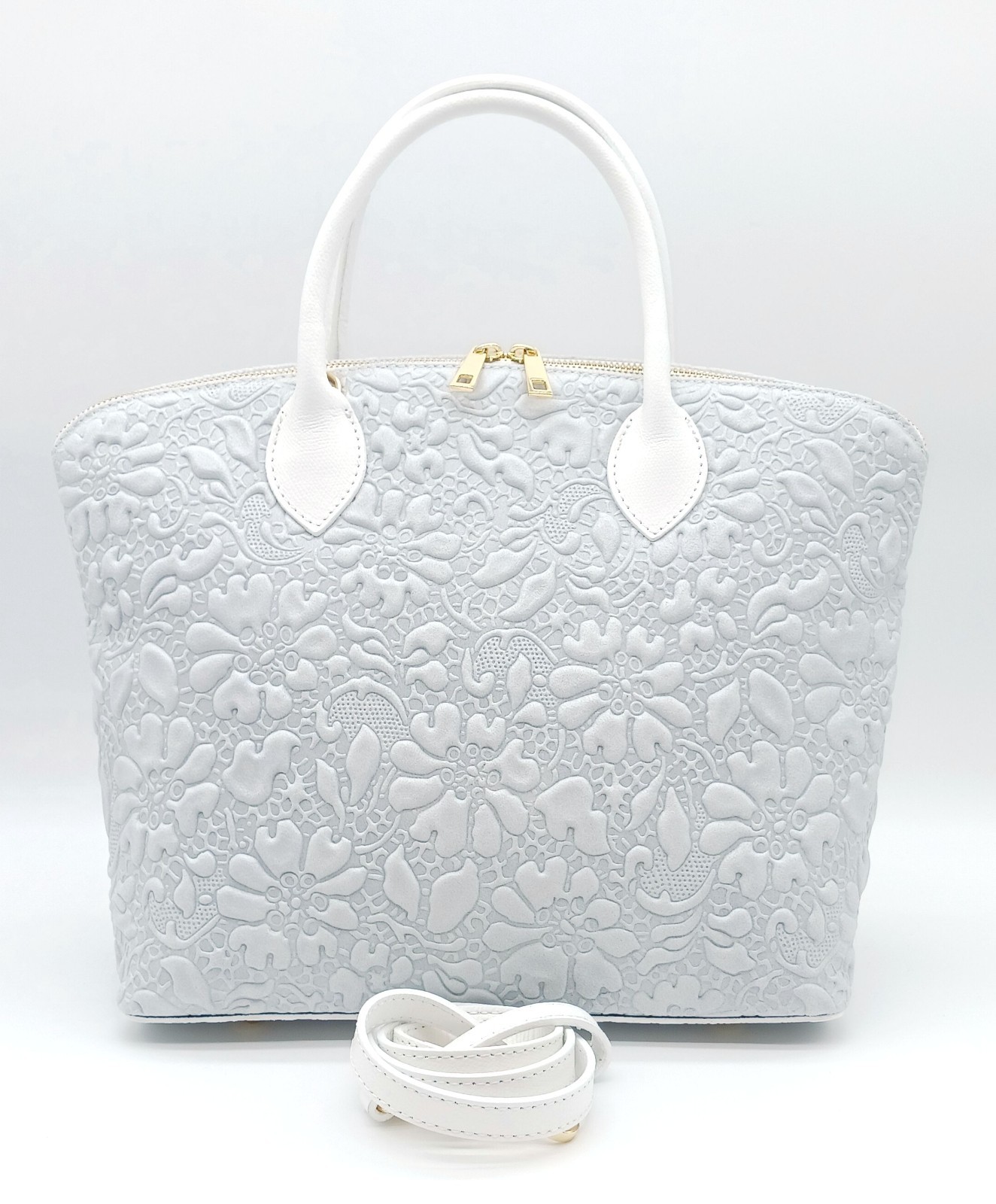 Light Gray Italian Genuine Leather Floral Embossed Handbag Satchel Made In Italy
