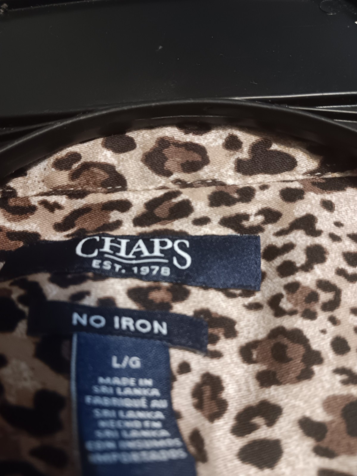 Chaps Non-Iron Brown Leopard Print Collared Long Sleeve Woven Cotton L/G