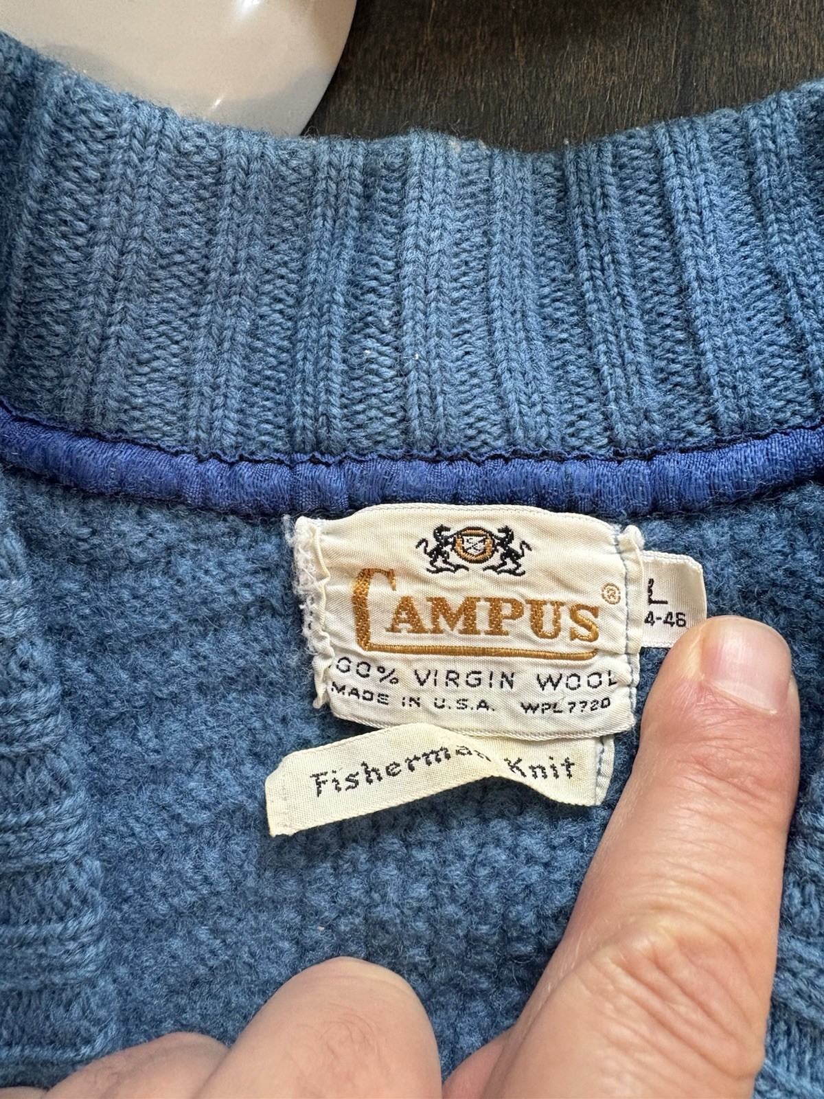 VTG CAMPUS Men’s Blue Fisherman Knit Cardigan Sweater Large Virgin Wool Metal