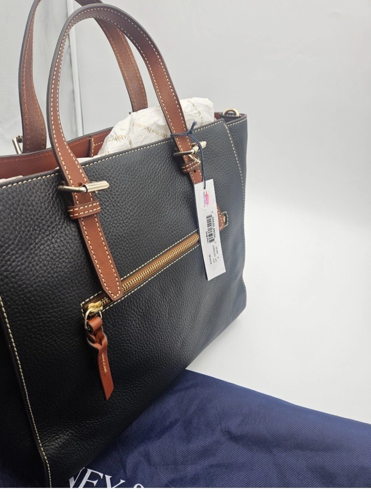 Dooney & Bourke Black & Tan Pebble Grain Leather Large Mindy Tote NWT