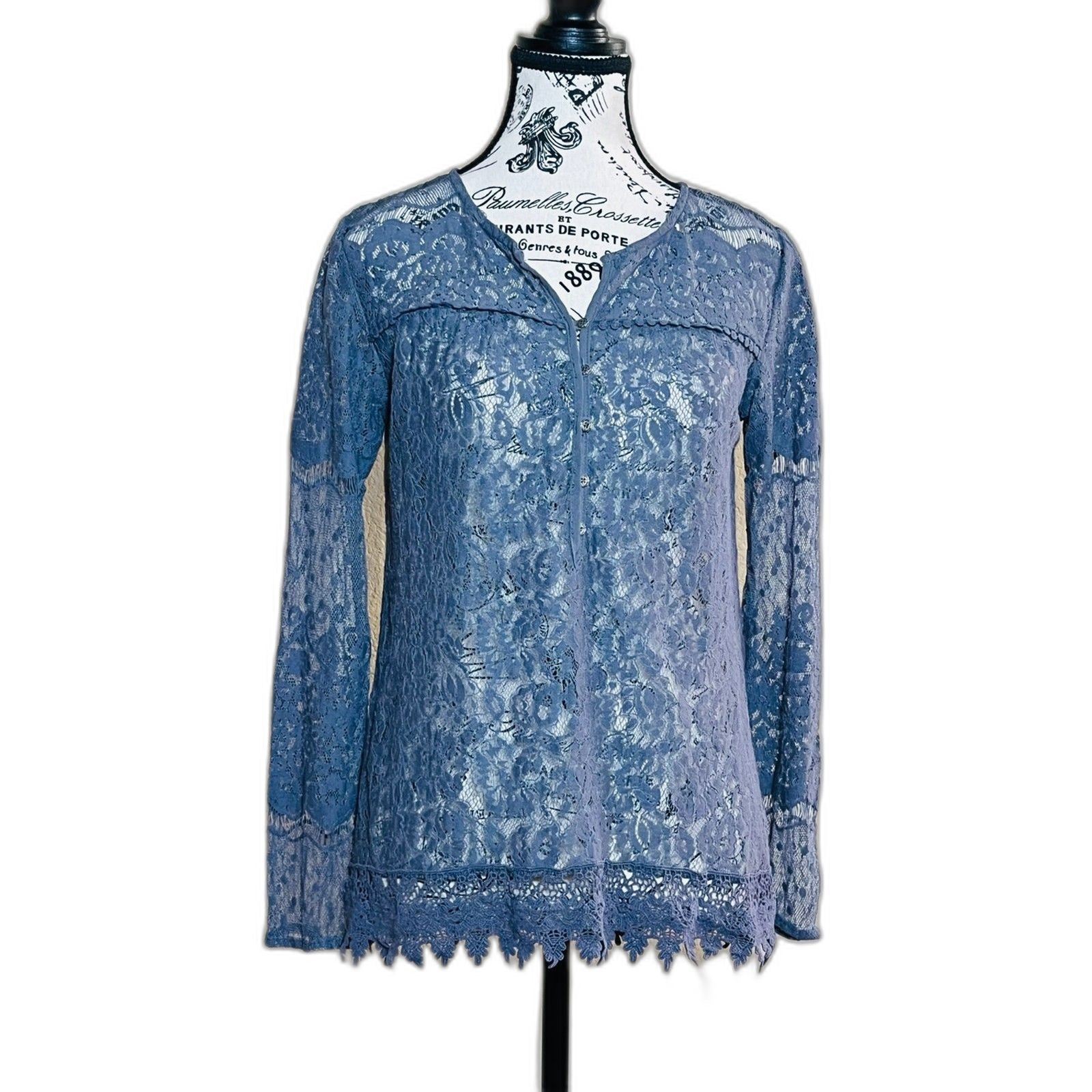 Blue Lace Whimsigoth Button Up Top S/M Cottage Romantic Coquette Girly Western