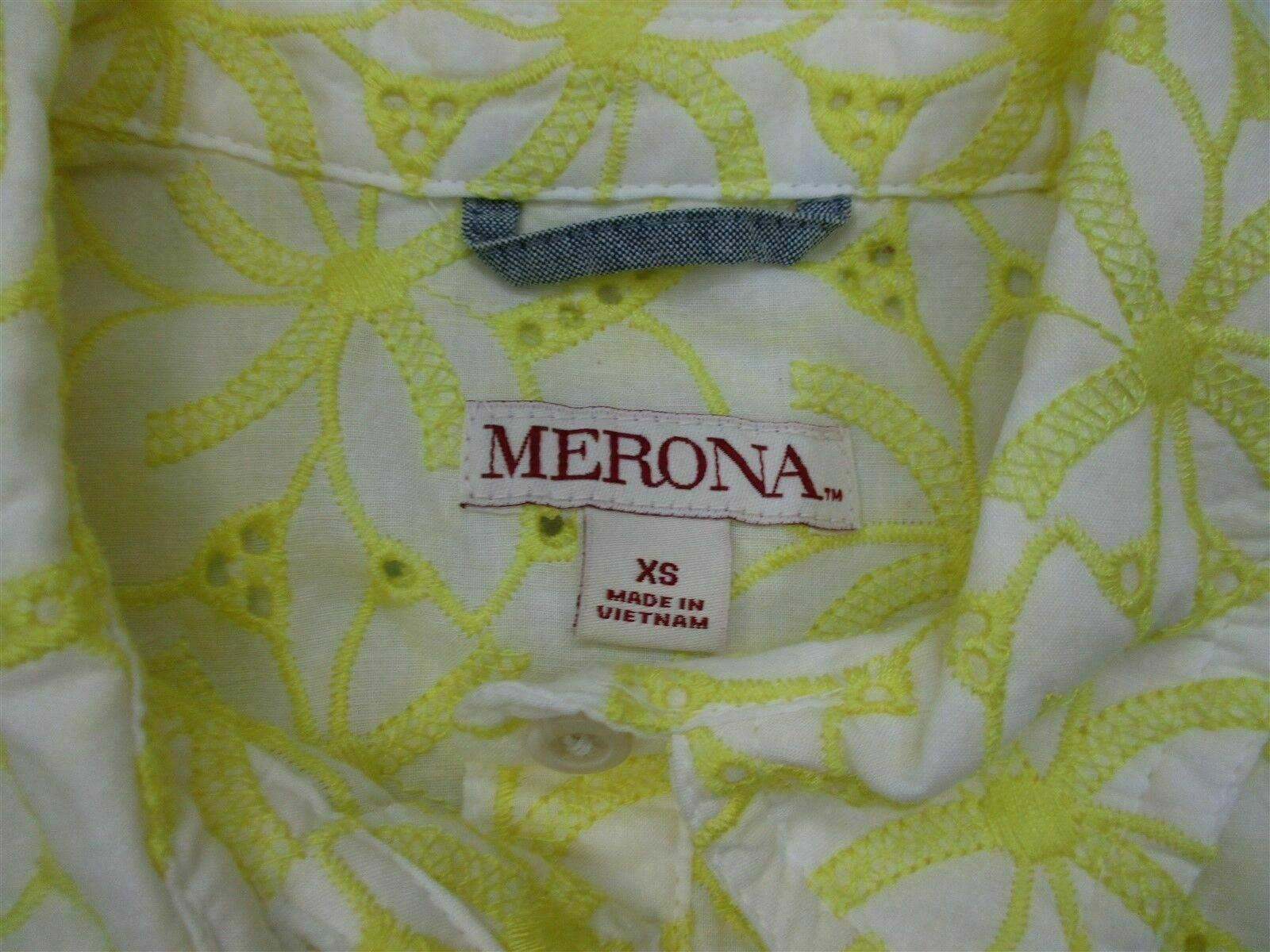 new MERONA #T8223 Women’s Size XS 100% Cotton Floral Tropical Yellow Dress Shirt