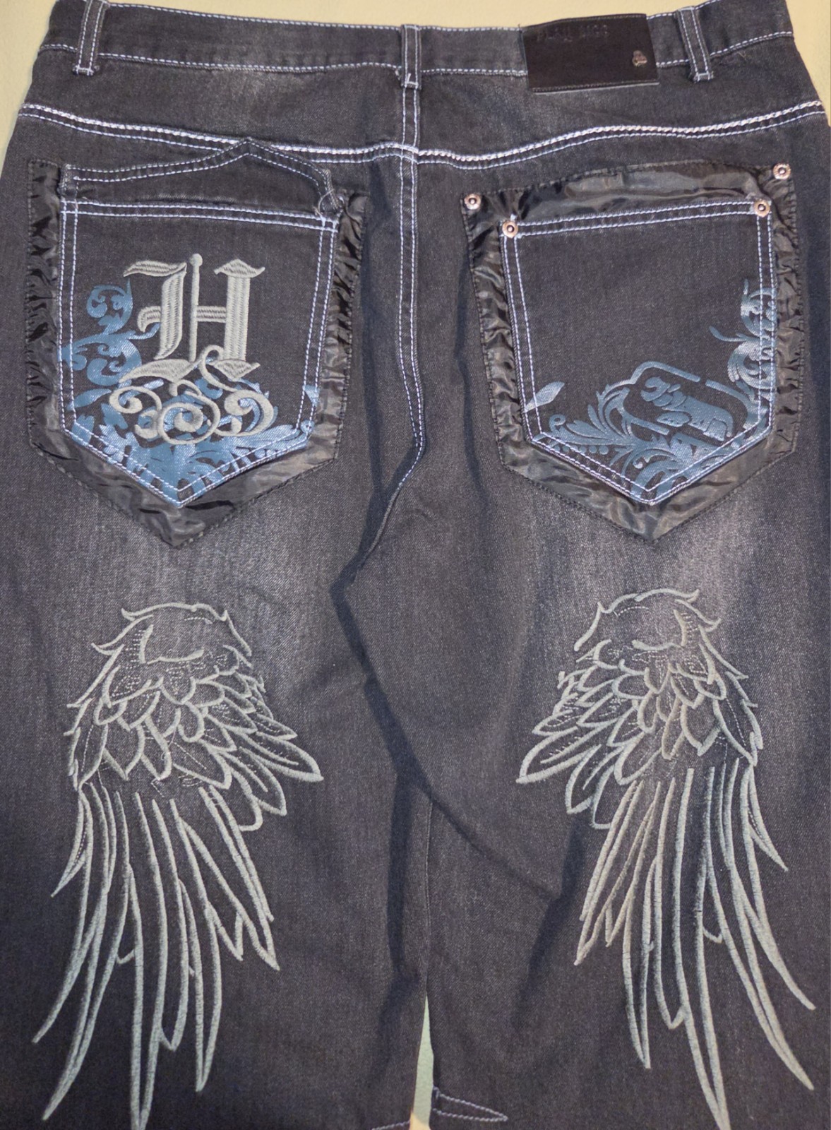 Mens PLAY BIGG Wide Leg Jeans Loose Fit Denim Embroidery Street Pants Sz 40