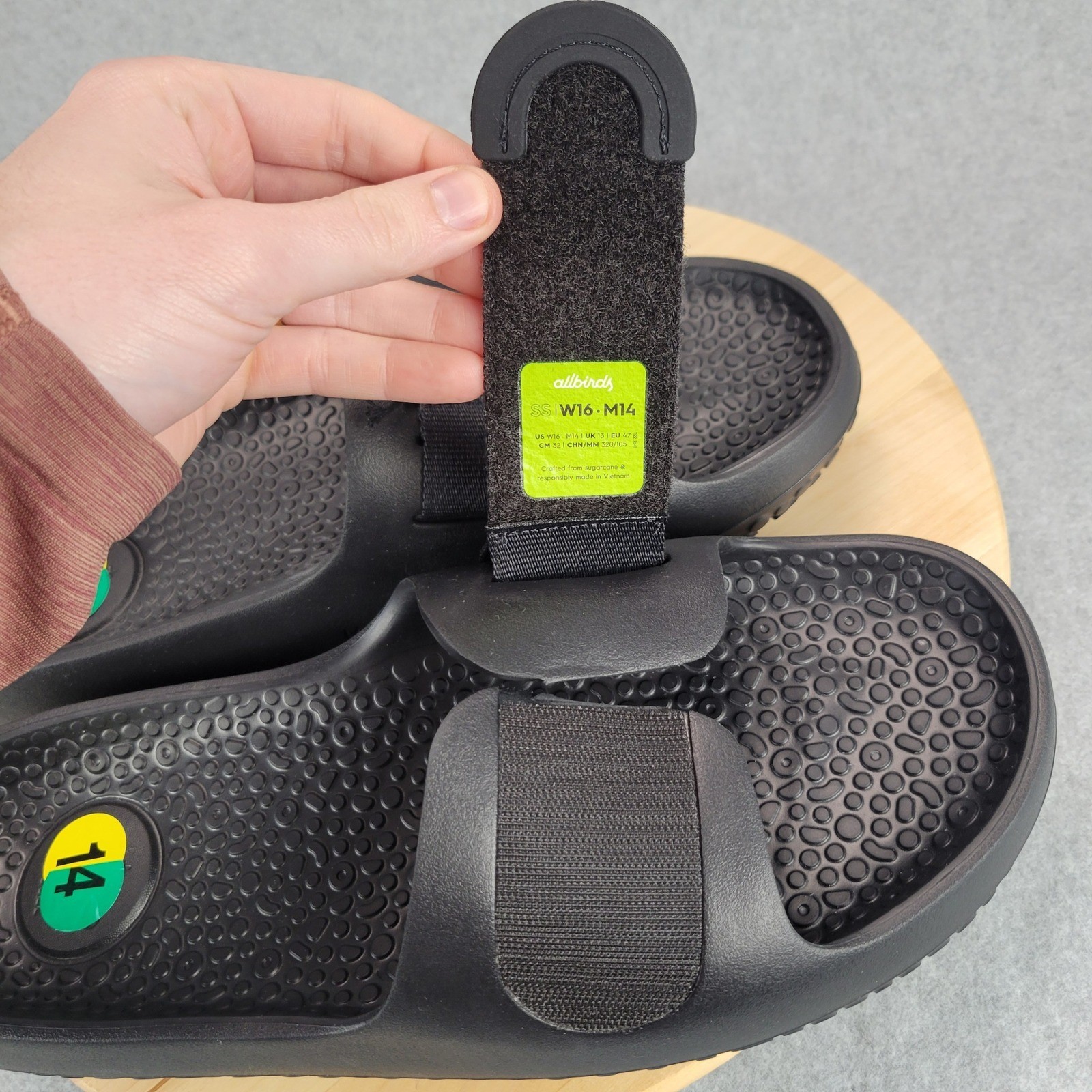 Allbirds Sugar Slider Men Size 14 Black Sustainable SweetFoam Adjustable Strap