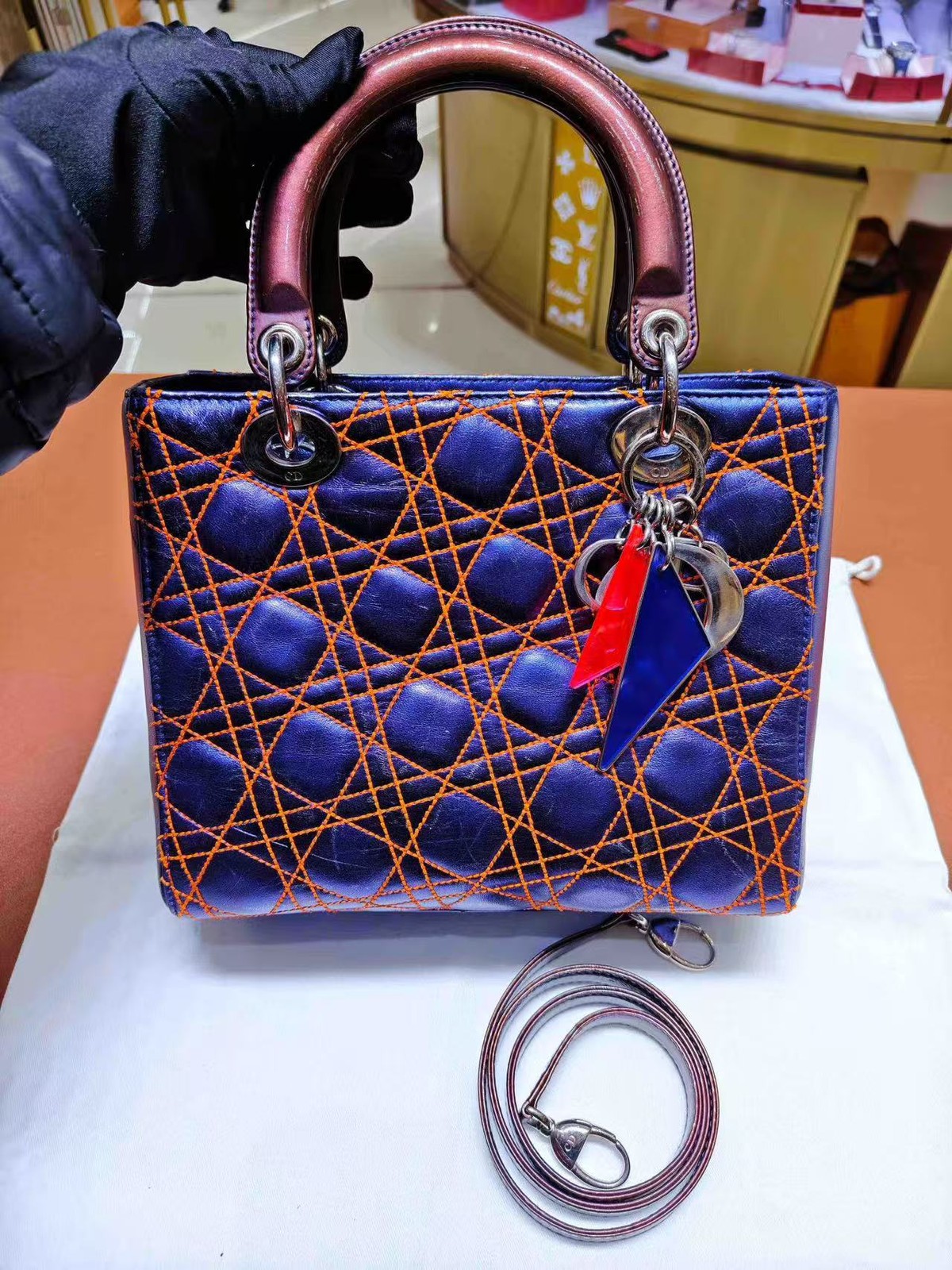 Dior Lady Dior Small Blue Calfskin Orange Stitching Cannage Handle/Crossbody Bag