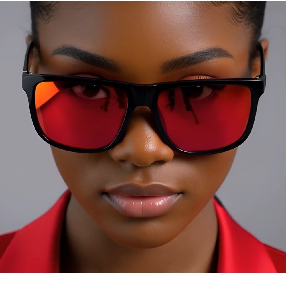 Women Black Red Mirror Lens Square Frame Sport Sunglasses Modern Casual Outfit