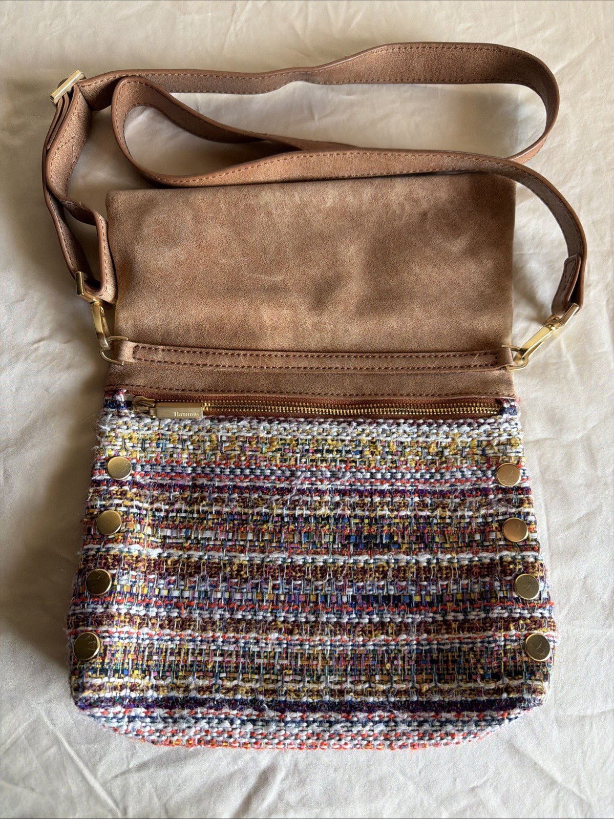 Hammitt Los Angeles VIP Tweed Crossbody Bag Taupe Multi-Color Gold Hardware 10×8