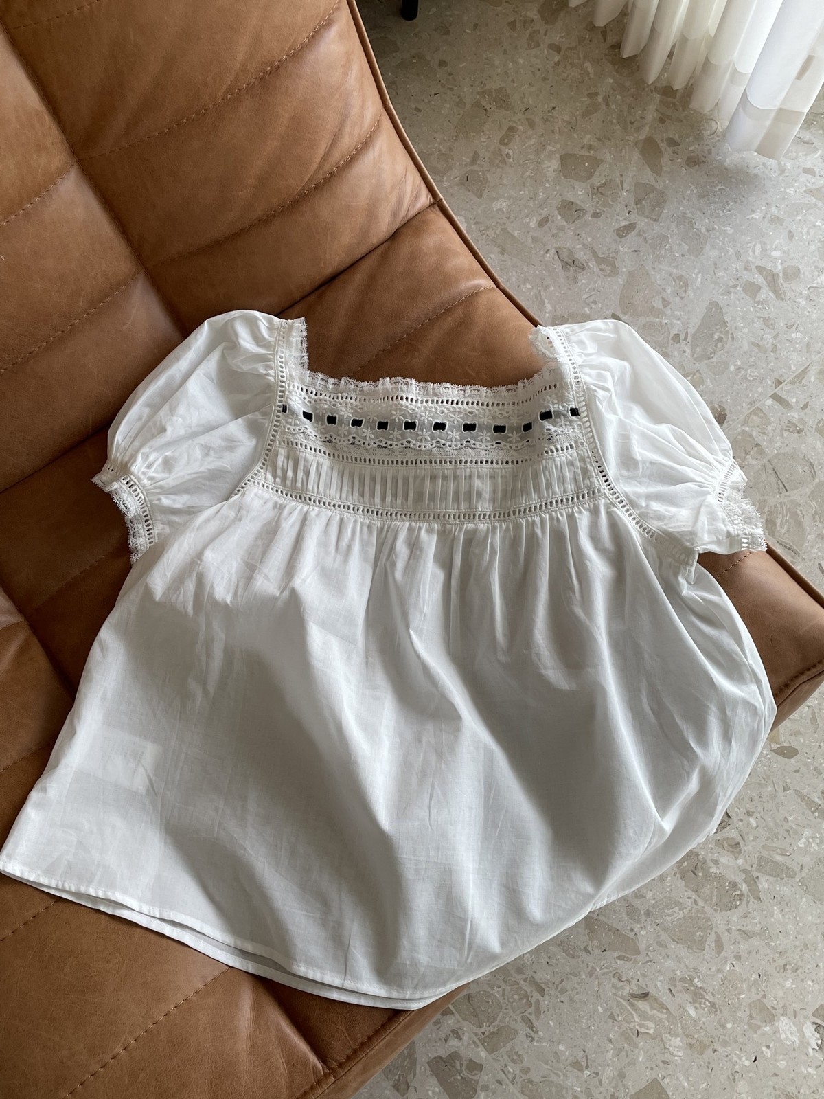 Women Doen Square Neck Lace Short Sleeve Loose Blouse Top
