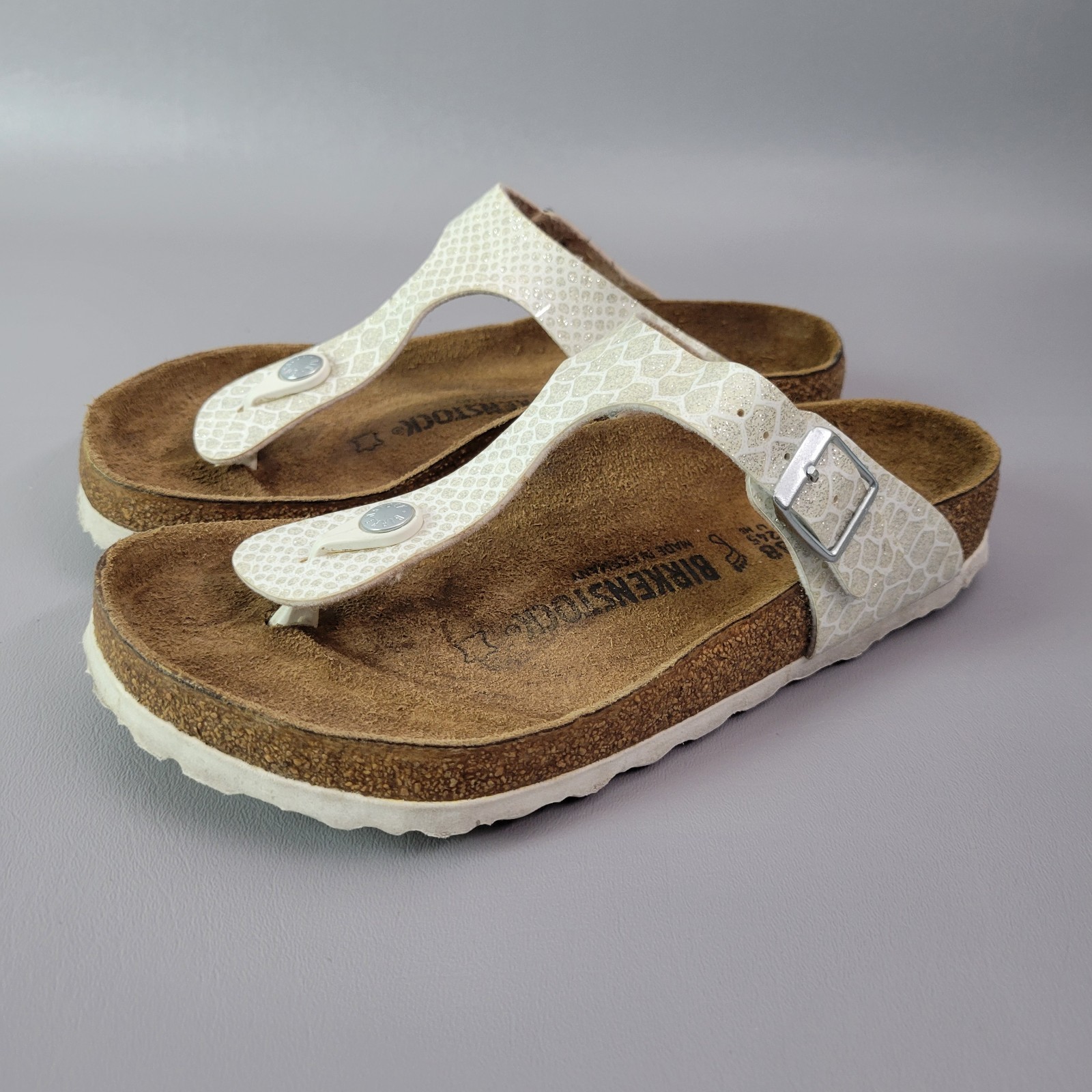 Birkenstock Womens Gizeh Magic Snake Glitter White Birko-Flor Size 7 EU 38