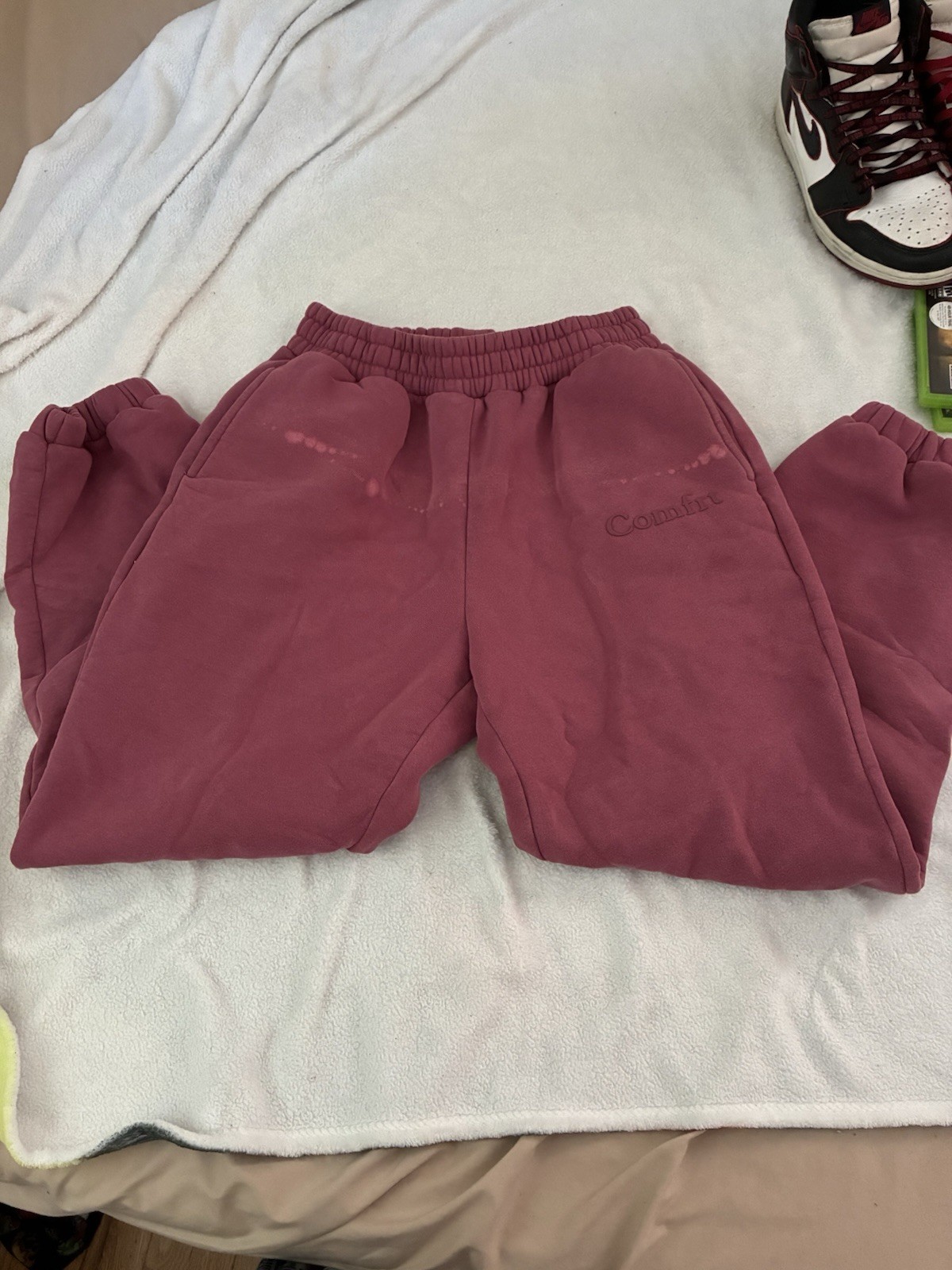 Comfrt Minimalist Sweatpants, Berry Color, Size M. Small bleach stain as shown.