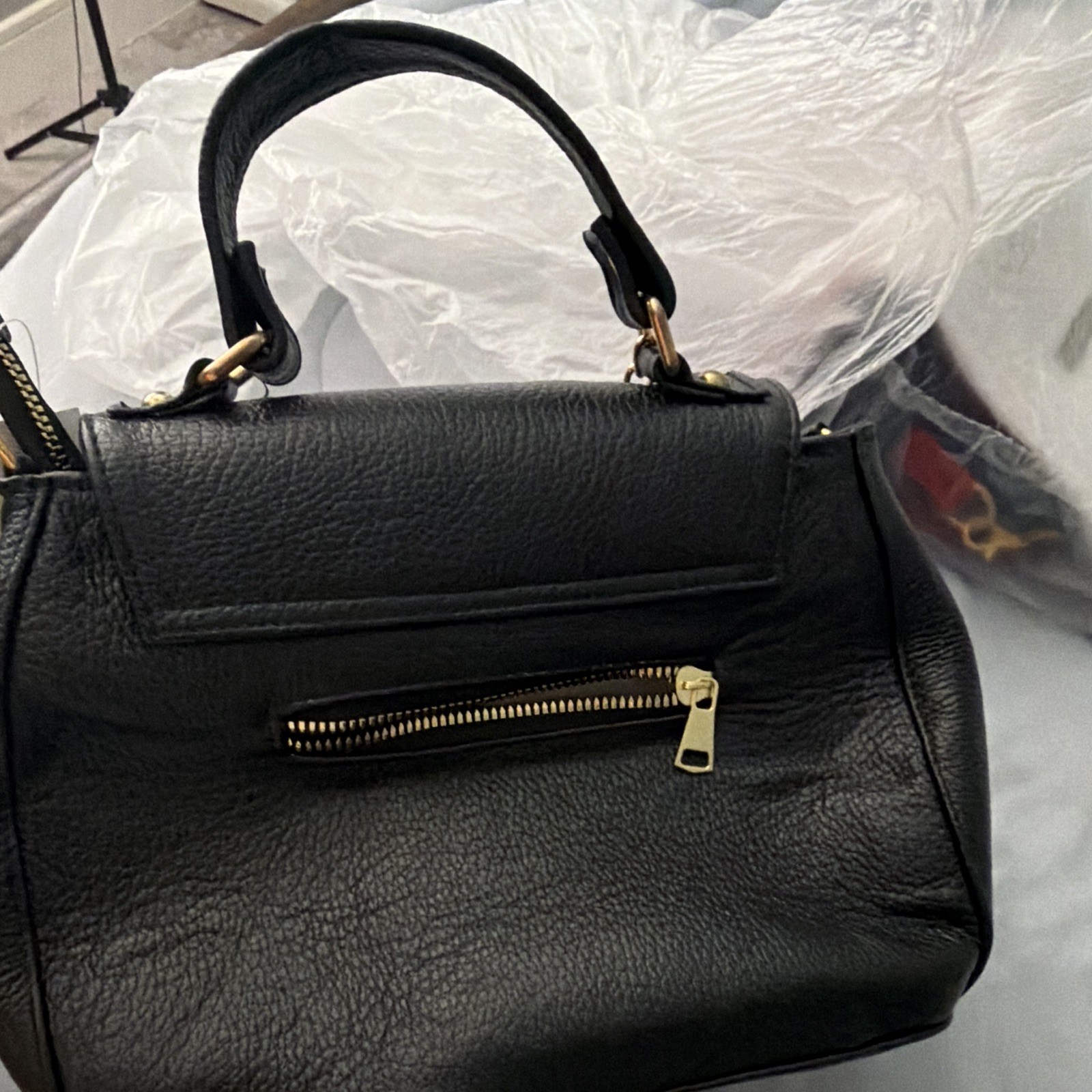 Black Pebbled Satchel Top Handle Purse Gold Hardware Turn Lock Zip Tassel