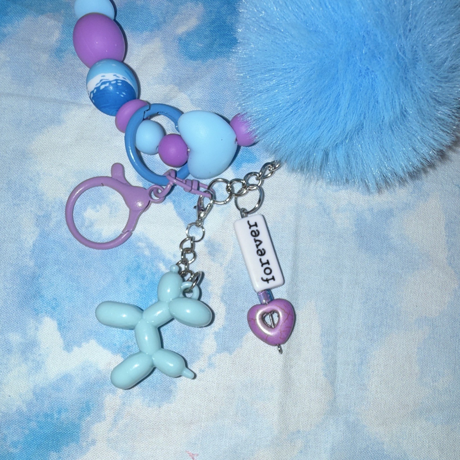 Blue & Purple Beaded Wristlet Key Chain/Bag Charm w/Pom Pom Heart