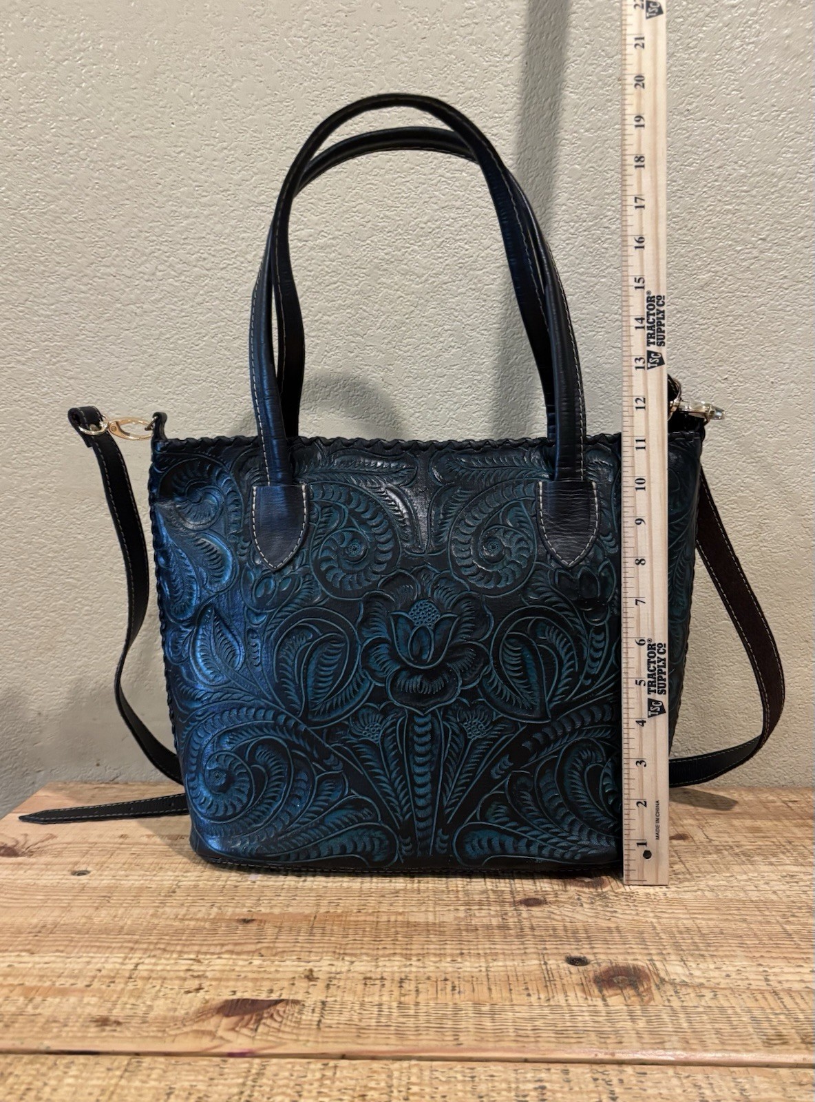 Tooled Floral Embossed Satchel Top Handle Bag Blue/Black Zip Gold Hardware
