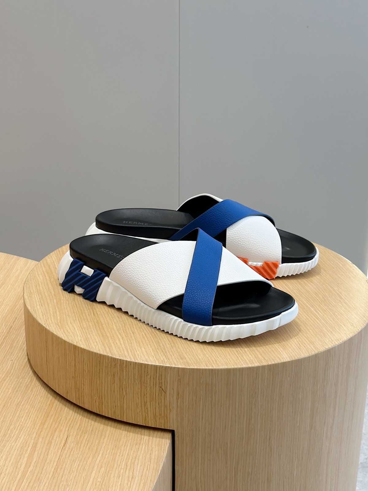Hermès Eclair Platform Slides White & Blue Leather Cross Band Chunky Sole men Sa