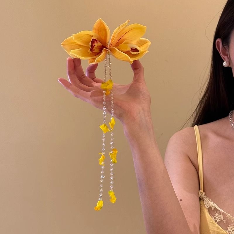 Yellow Magnolia Flower Hair Clip for Women Tassel Head Flower Accessories