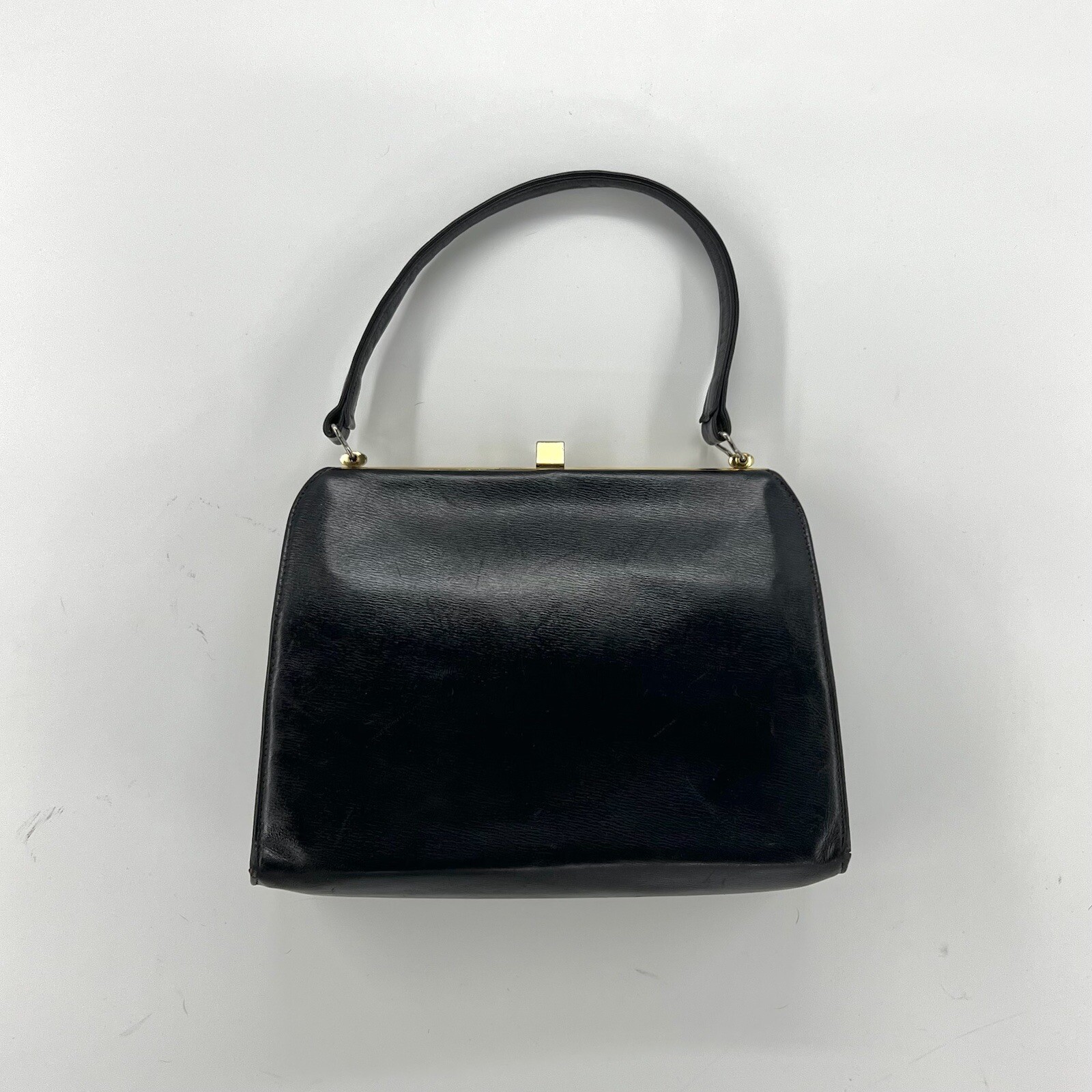 Vintage Leather Kelly Hand Bag 50s 60s Navy Black Gold Mods Gold Clasp Satchel