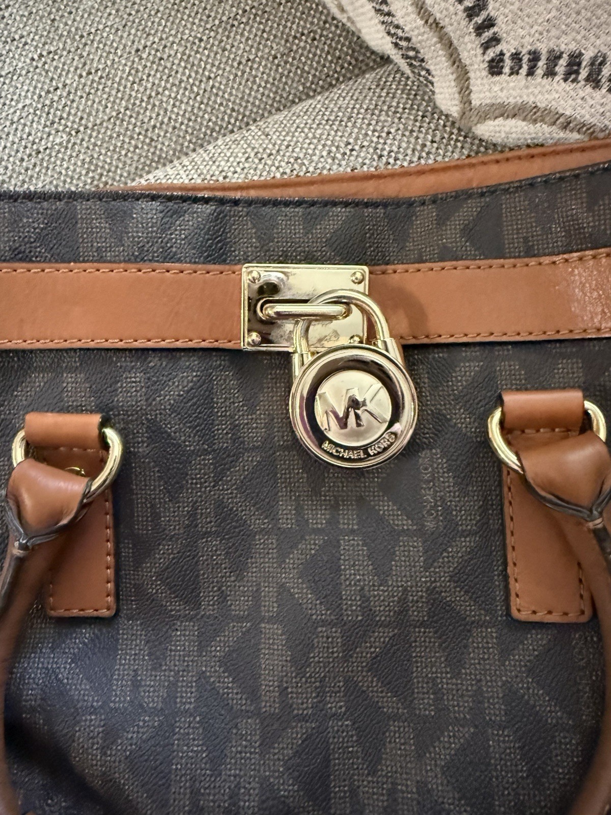 Michael Kors Brown MK Monogram Large Satchel Top Handle, Detachable Strap