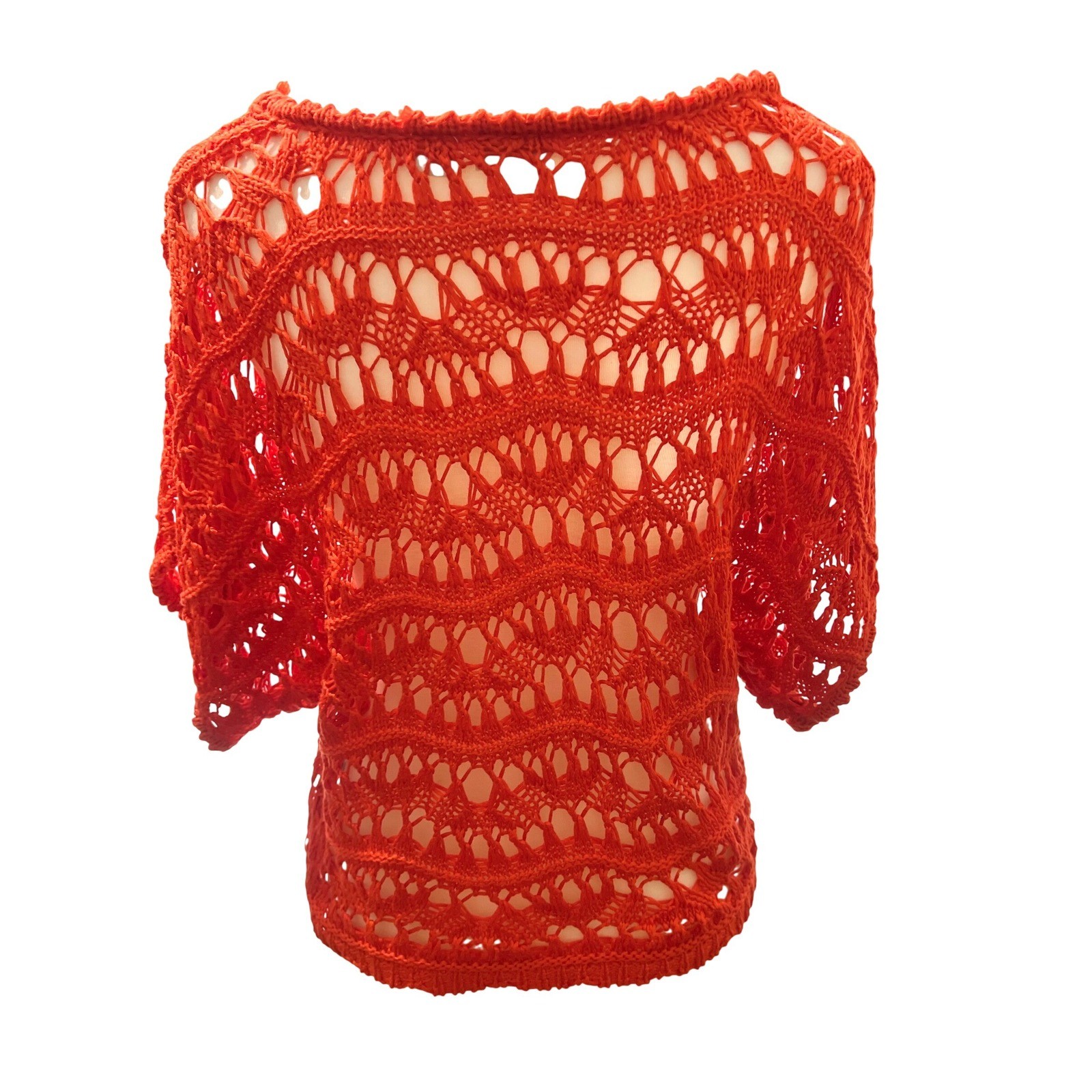 Cato Womens Fire Orange Crochet Open Weave Airy Dolman Sleeve Resort Top Small