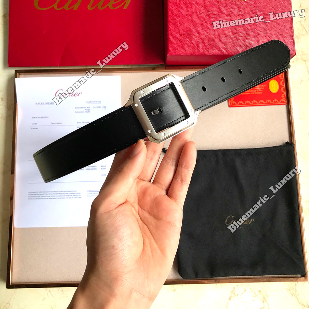 CARTIER Santos De Cartier Black Leather Belt Steel Buckle Men Luxury