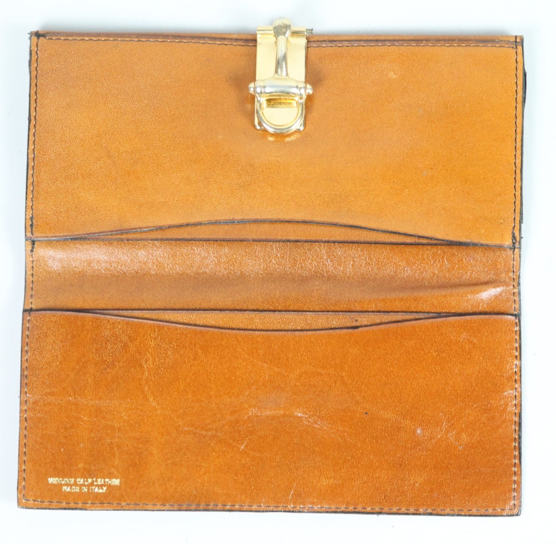 Vtg ITALY Beige Calf Leather Bifold Wallet Checkbook Organizer w/ Gold Horsebit