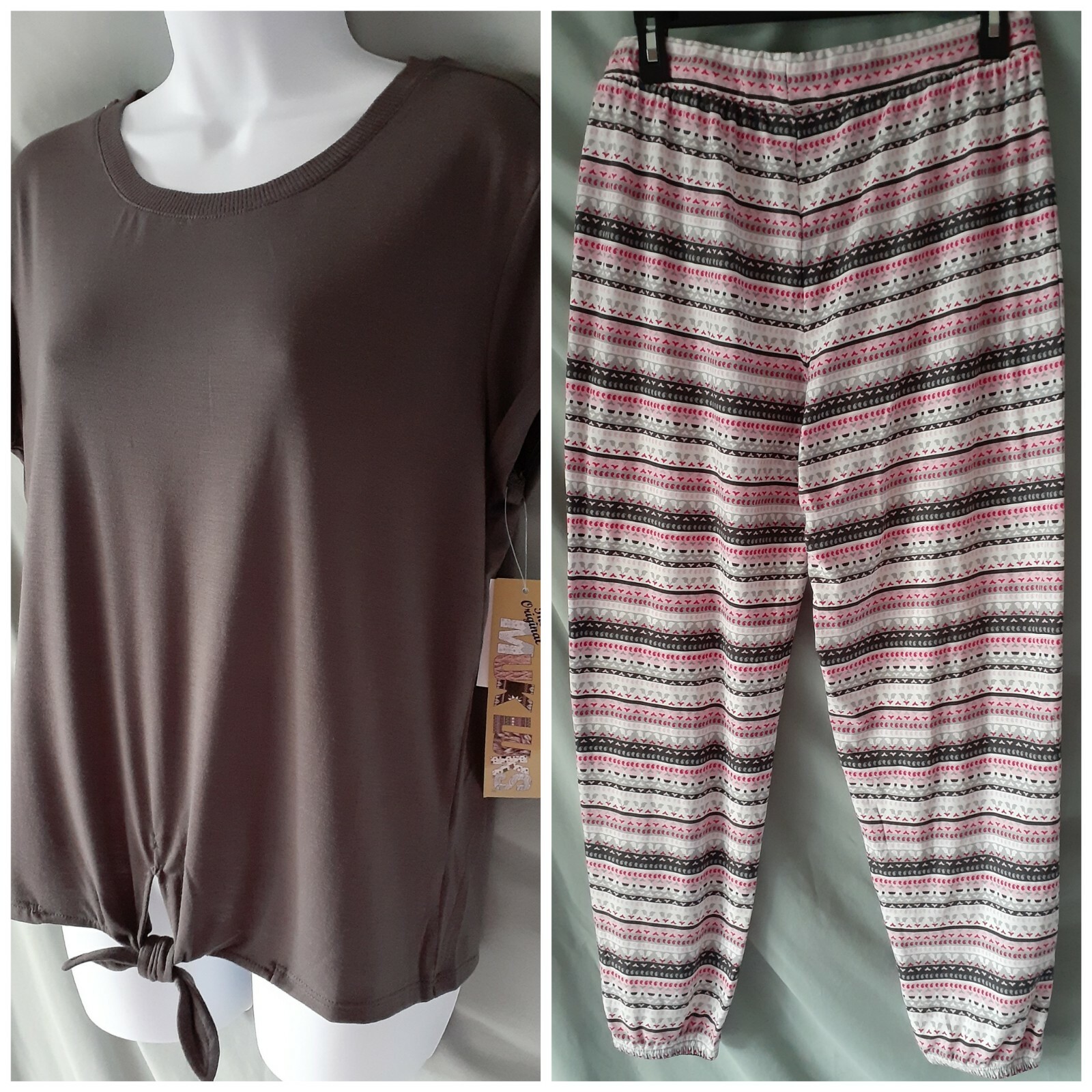 Muk Luks Brown Pink Pajama Set Hearts Long Pant Cap Sleeve Medium 42″ Bust