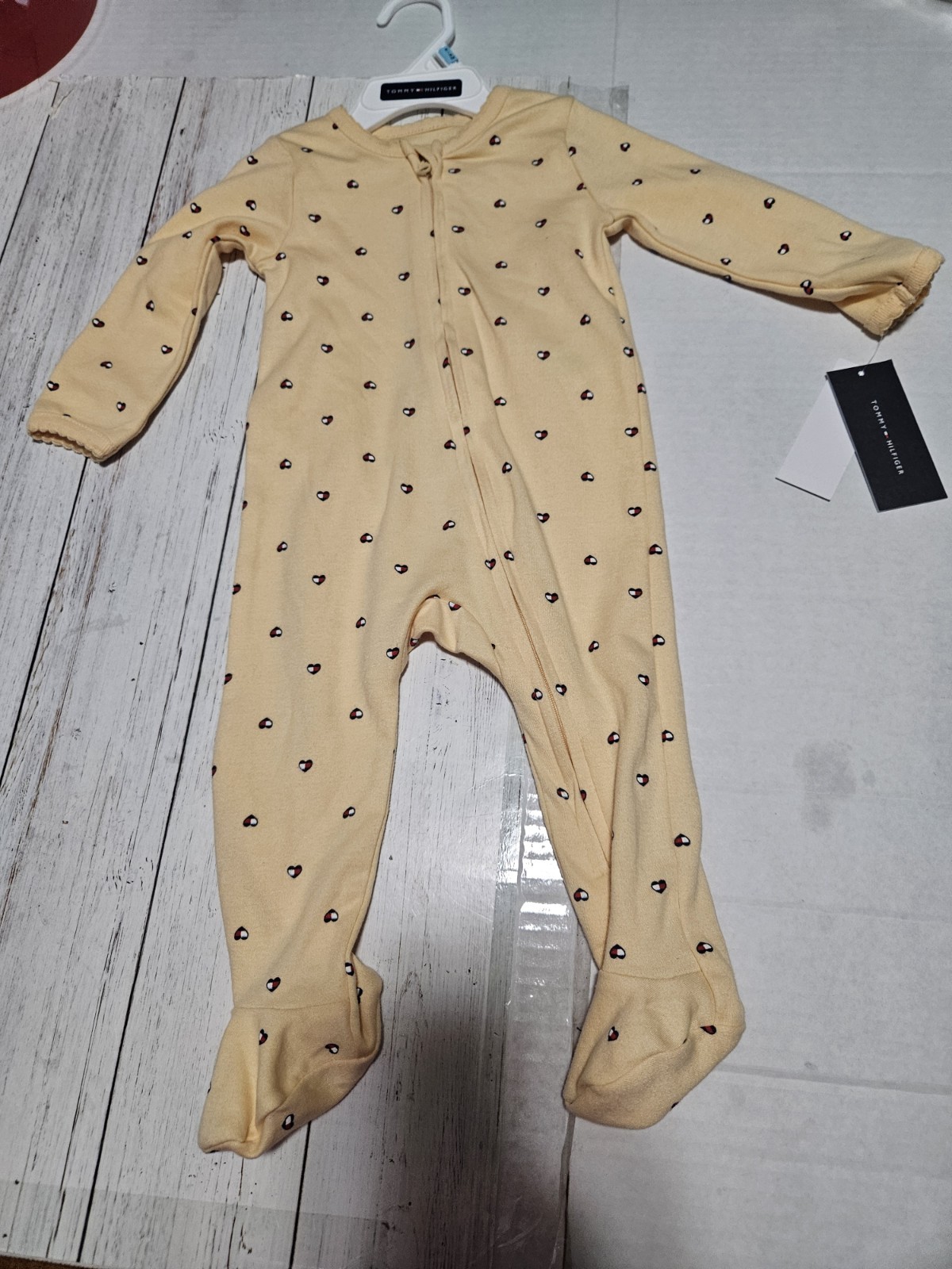 Tommy Hilfiger 6-9M Yellow Heart Print Hooded Zip Footed Sleeper Cotton