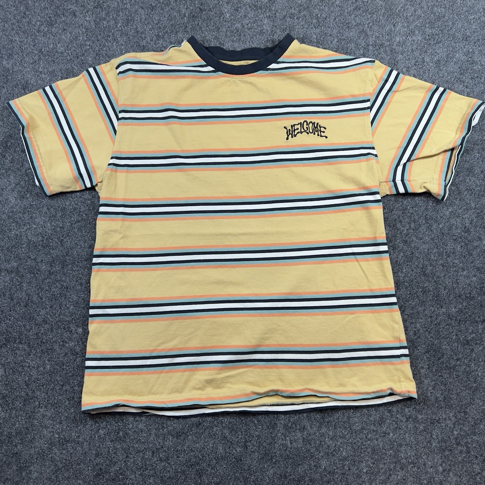 Welcome Skateboards Striped T Shirt Mens XL Yellow Embroidered Logo Skate Y2K