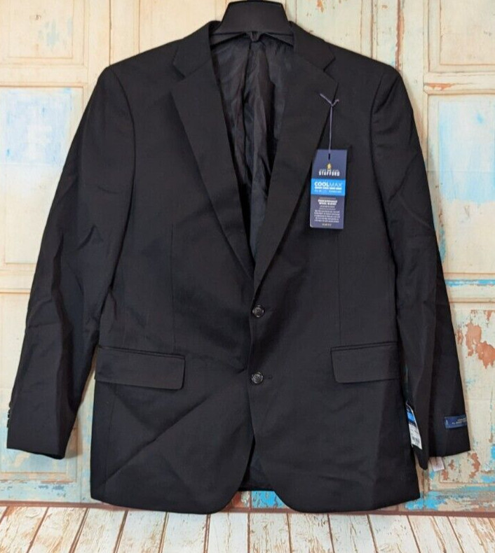 Stafford Mens 42 Regular Black Blazer Jacket Slim Fit Coolmax All Season Solid