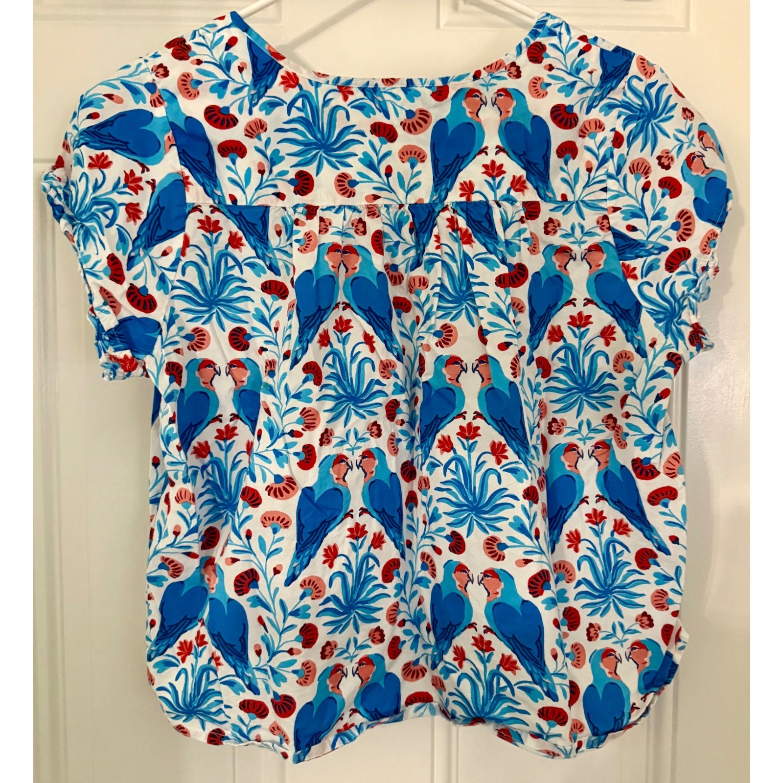 Printfresh Parrot Print Top Large Excellent Blue Tropical Floral Button Front