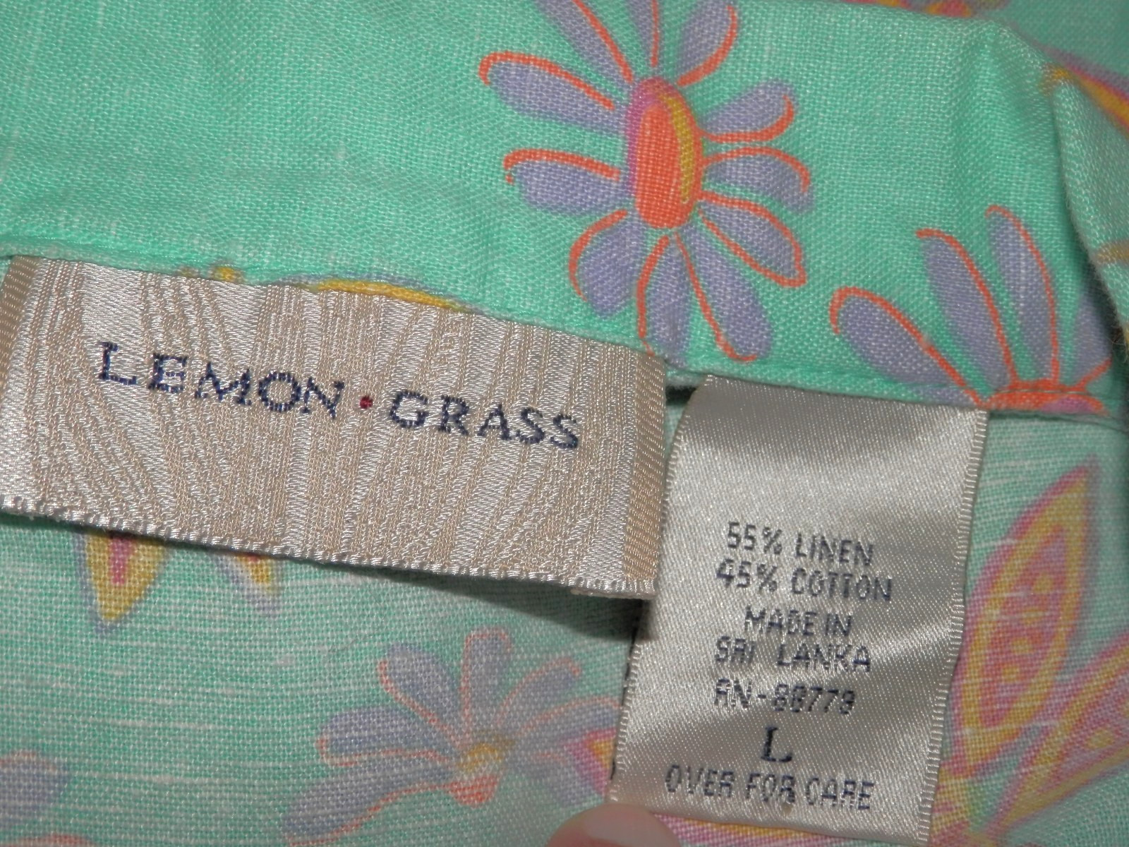 Lemon Grass Women’s Linen Blend Sleeveless Blouse Sz L Mint/Floral Dragonfly