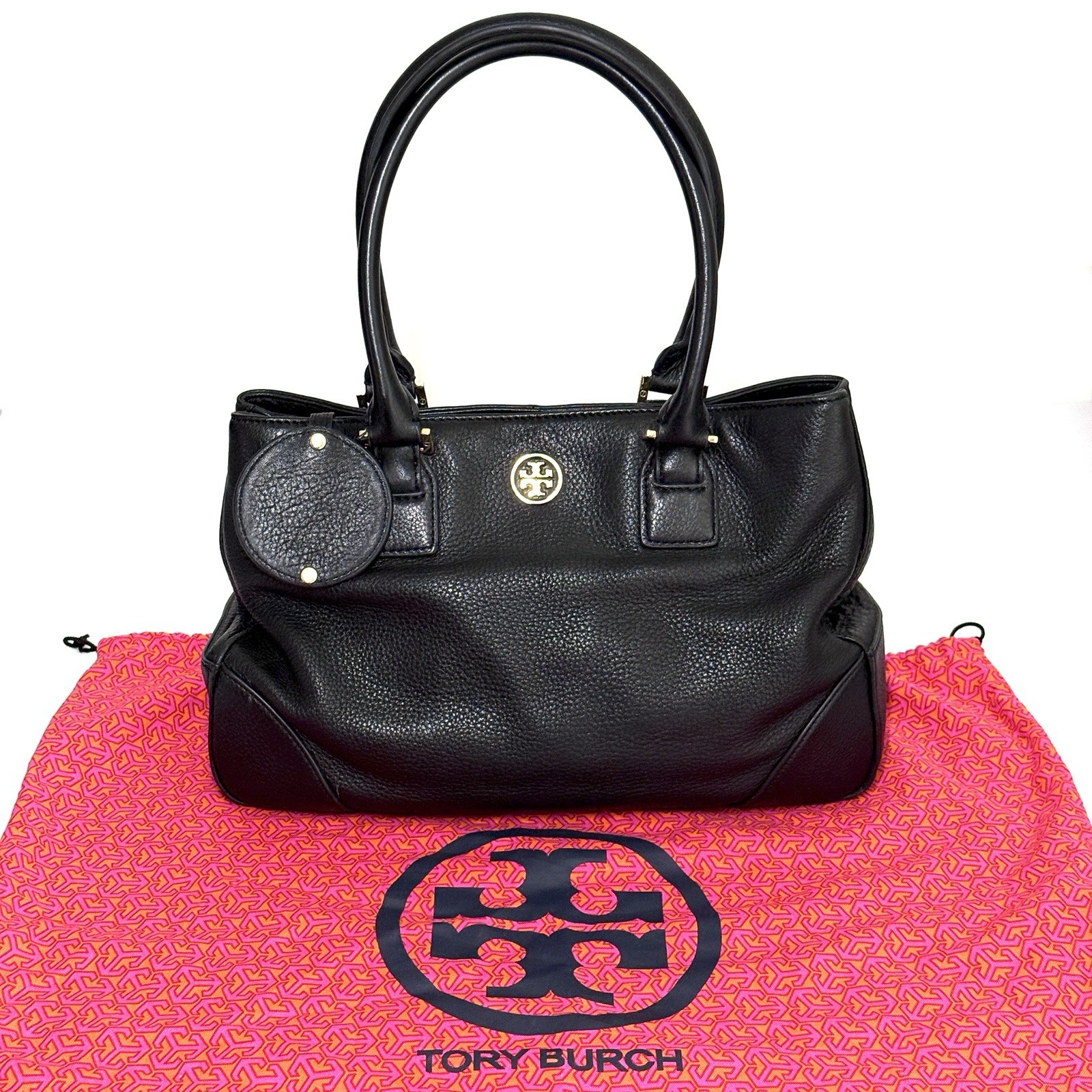 Tory Burch Robinson Triple Compartment Black Pebbled Leather Tote Shoulder Bag