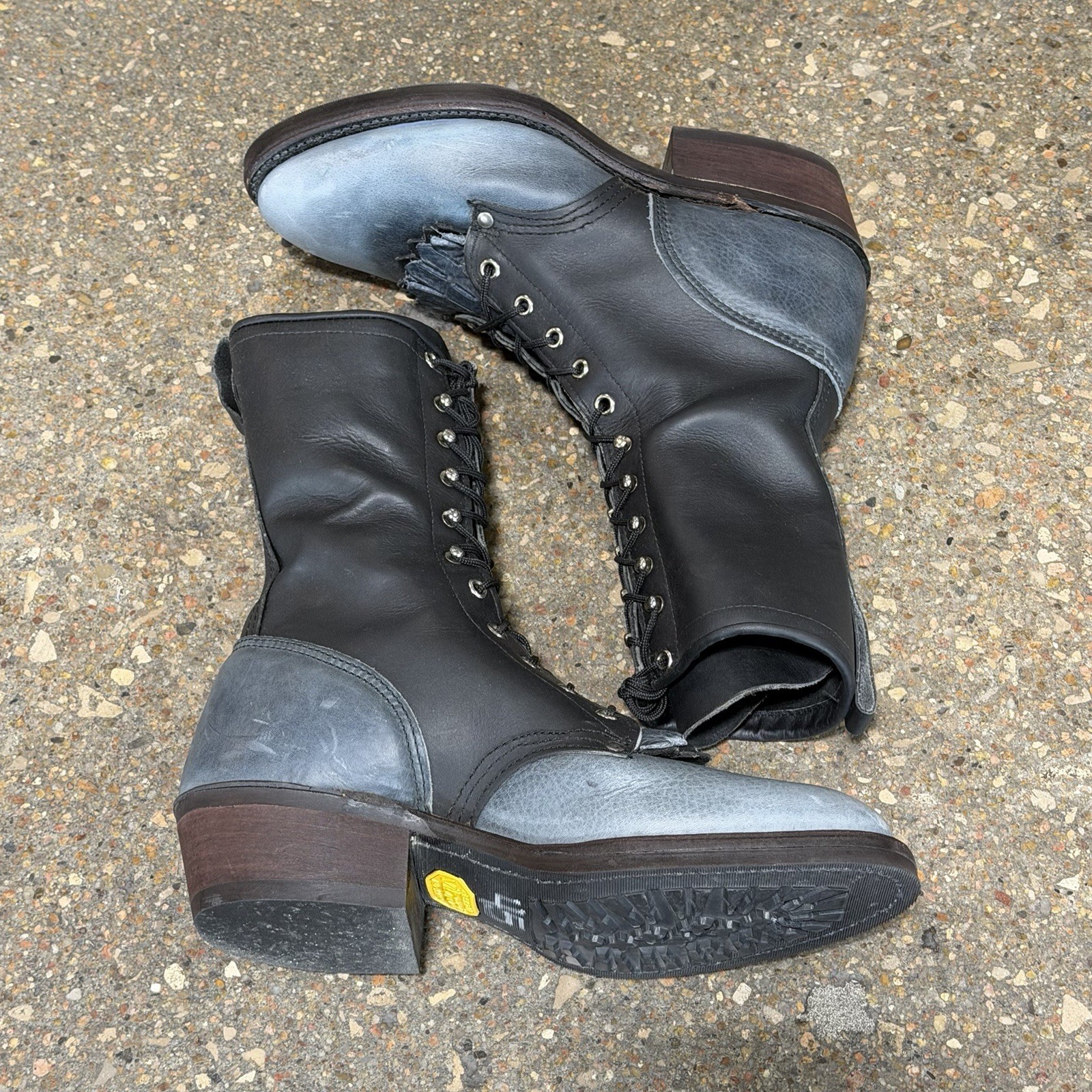 Vintage J Chisholm Packer Logger Boots Black Two Tone Kiltie Made In USA 8.5 D