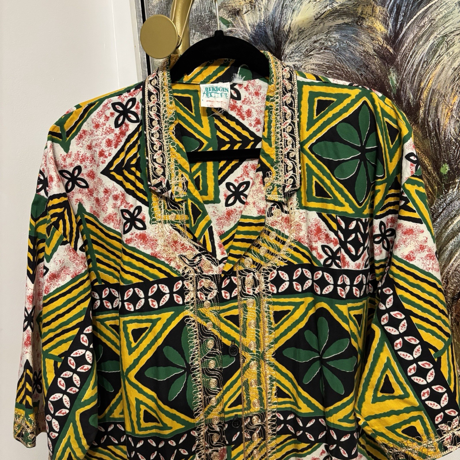 Vtg 90s Charles Smith Kenya 100% Cotton Embroidered Tunic Shirt Pockets L