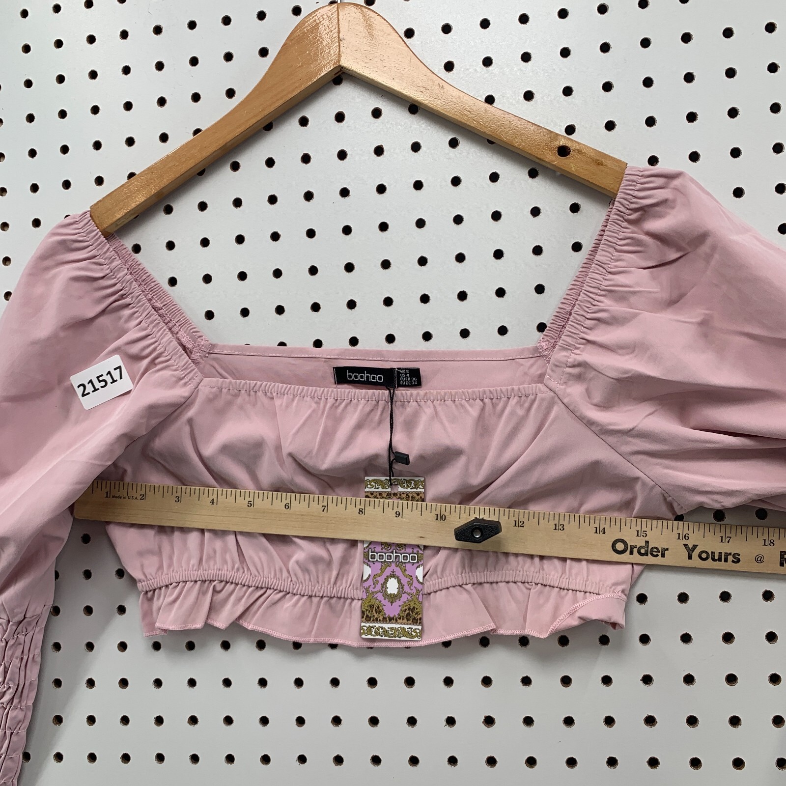 Boohoo Womens Crop Top Pink Off The Shoulder Scrunch Sleeve Ladies Size 4