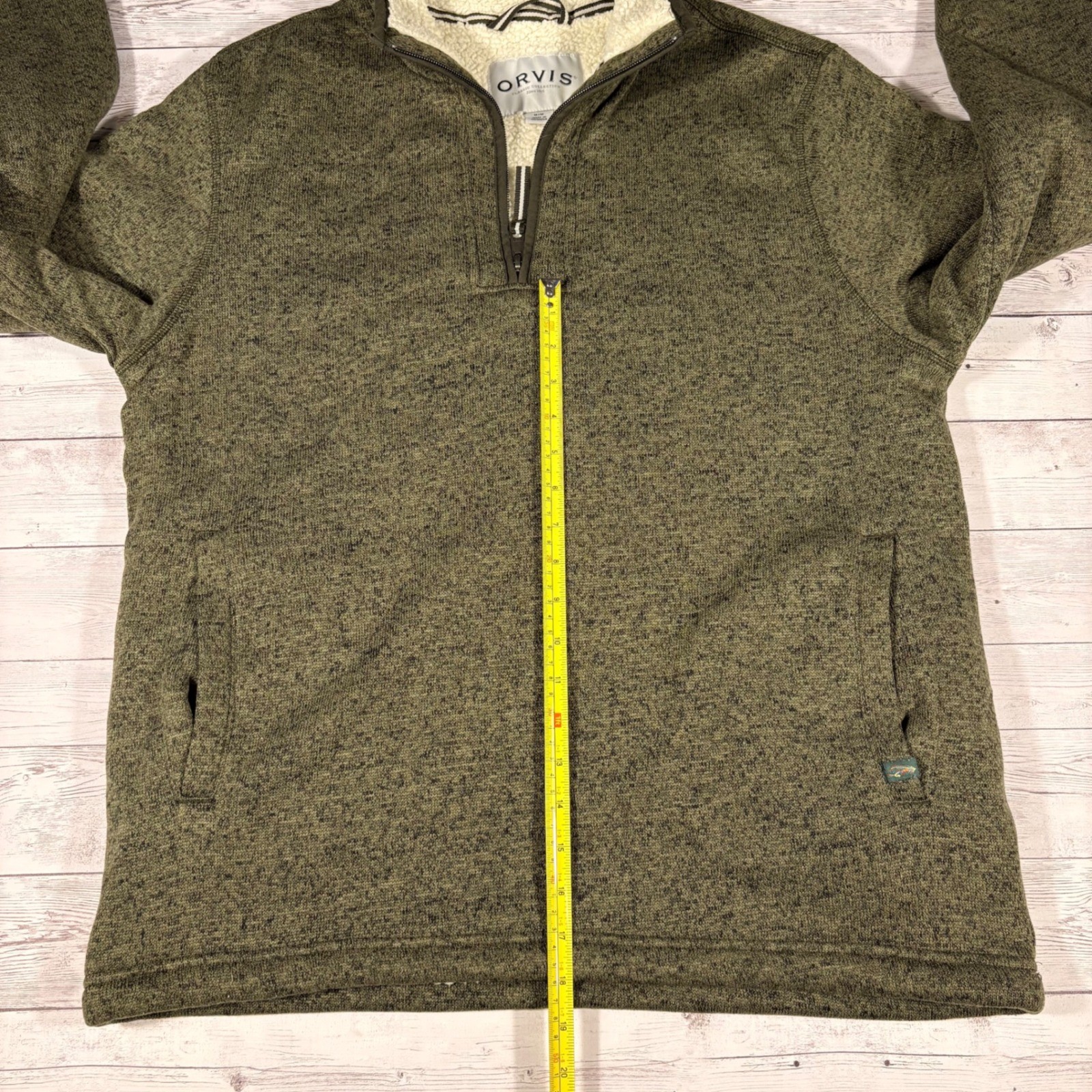 Orvis Mens Quarter Zip Sherpa Lined Sweater Pullover Olive Green Marl Medium