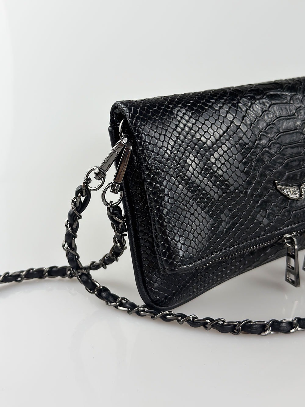 Zadig & Voltaire Rock Wing Black Snake Embossed Leather Crossbody Bag 22x15cm