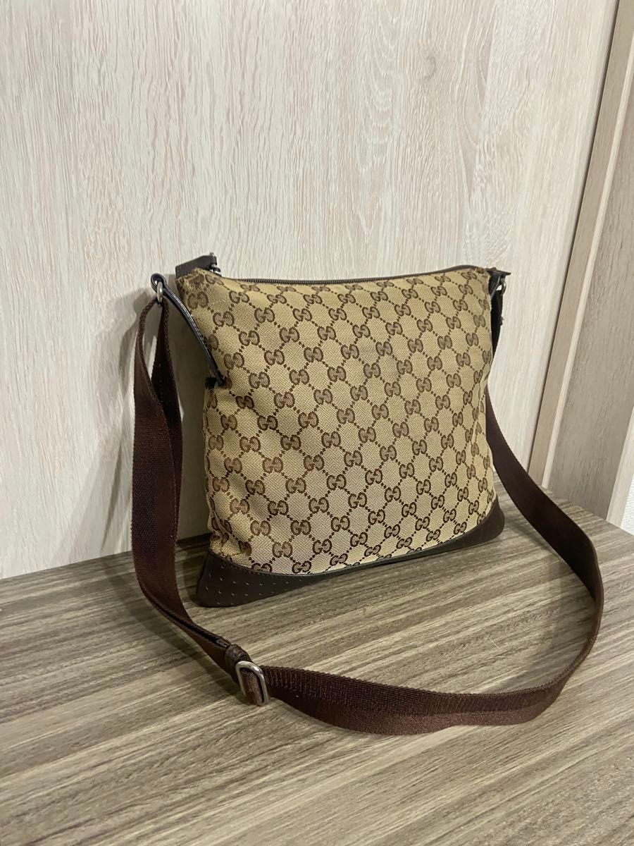 GUCCI shoulder bag GG pattern canvas beige leather punching crossbody
