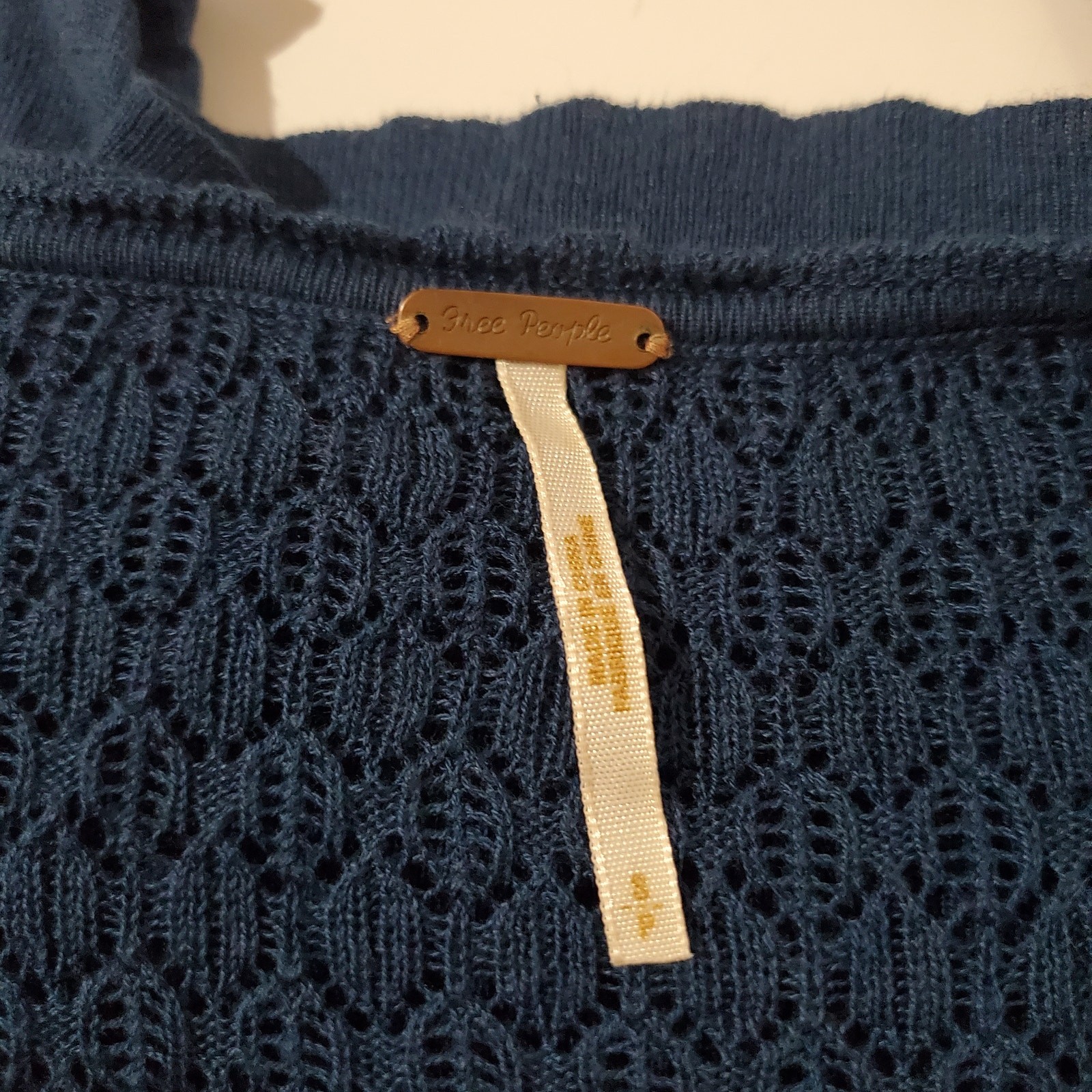 Free People Crochet Ruffle Button V-Neck Sheer Knit Sweater Womens Size S Blue
