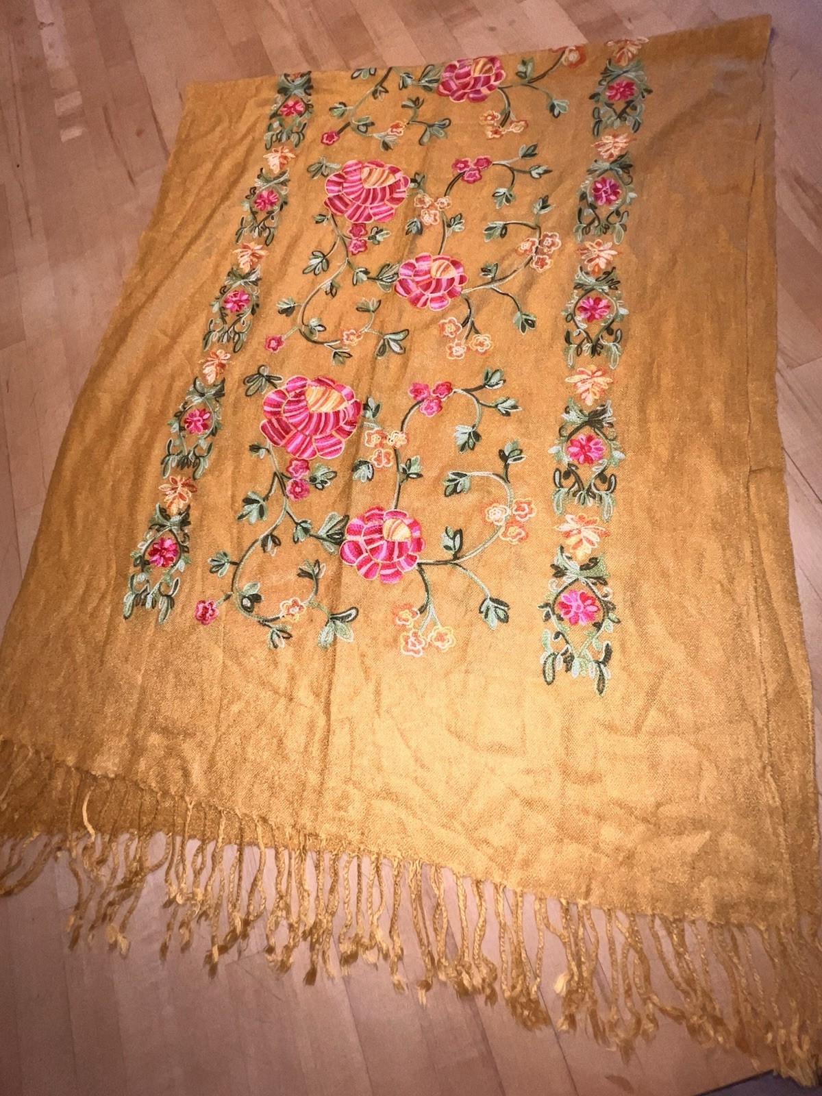 Gold Floral Embroidered Light Wool Wrap Scarf 26” X 66.5” Fringe