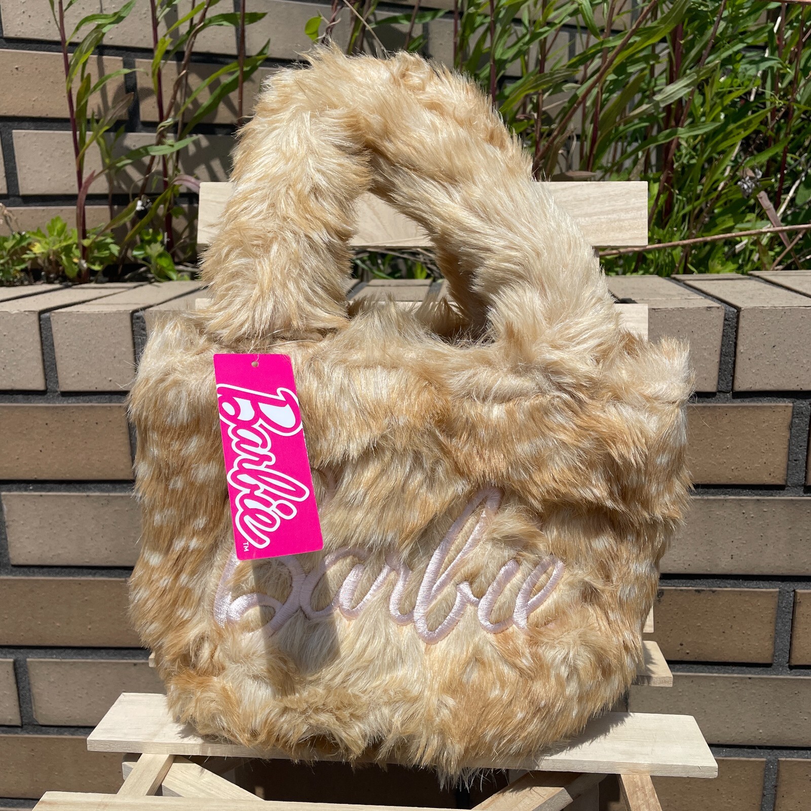 NWT Barbie Faux Fur Hand Bag Iconic Embroidered Wallet/Purse Beige W11×H6×D4inch