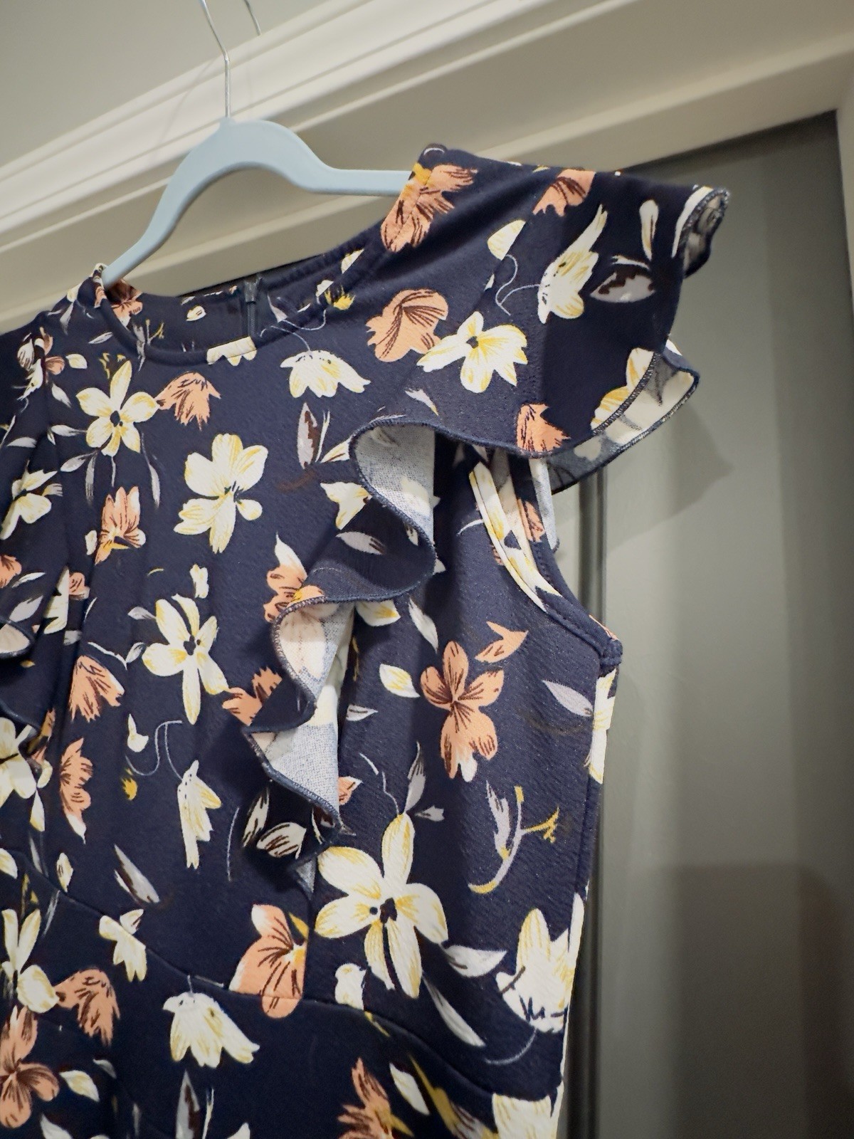 Yathon Navy Floral Ruffle Flutter Sleeve A-Line Knee Length Round Neck Dress