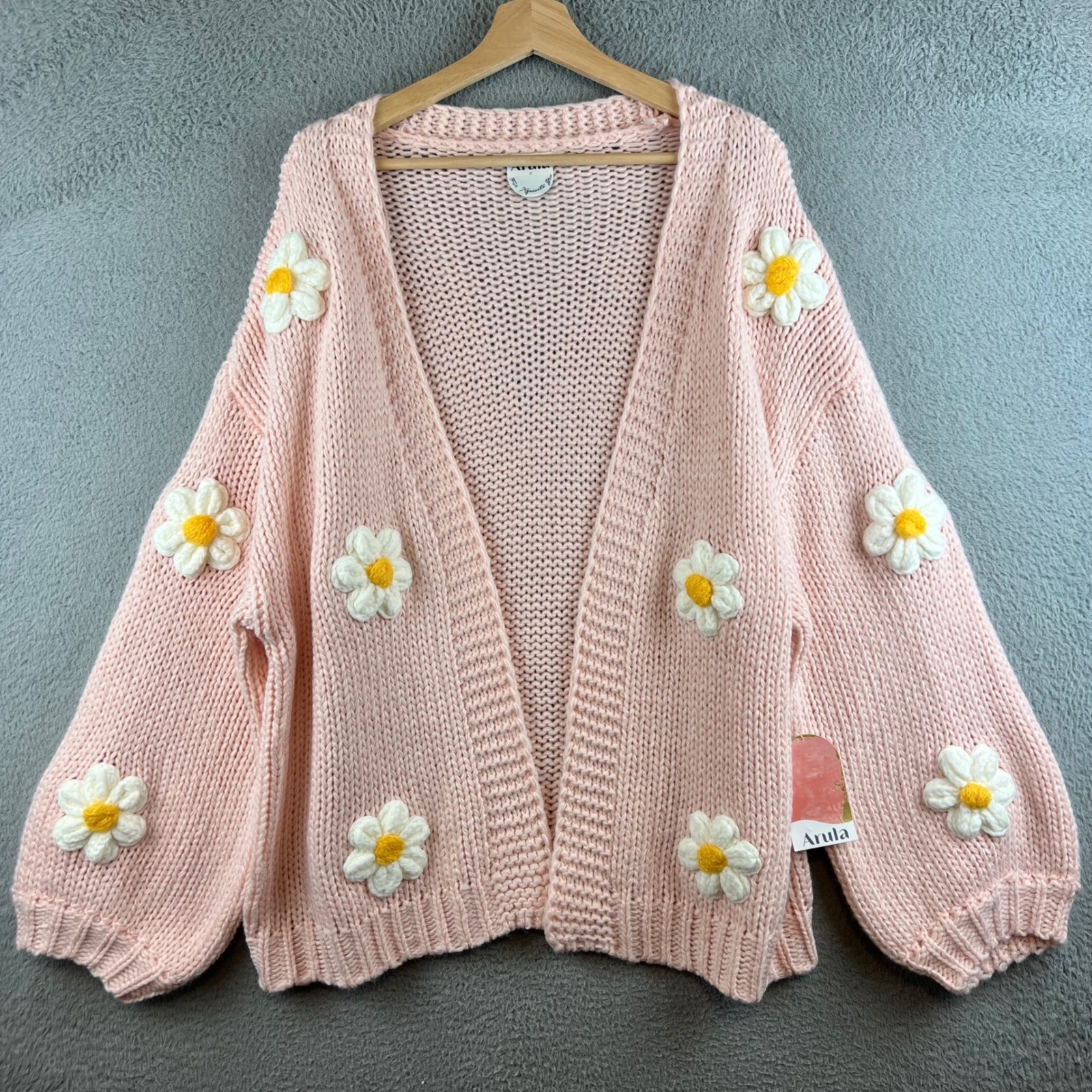 Arula Pink Daisy Crochet Applique Chunky Knit Cardigan Sweater Size 1X NWT