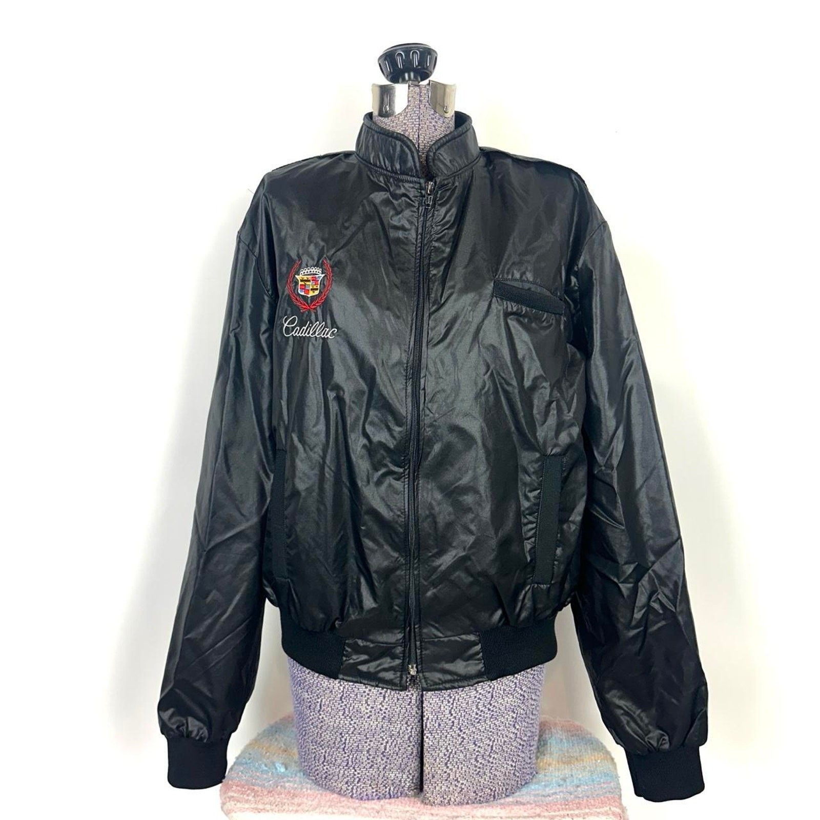Vintage Black Zip Up Cadillac Members Only Style Bomber Jacket Size Large