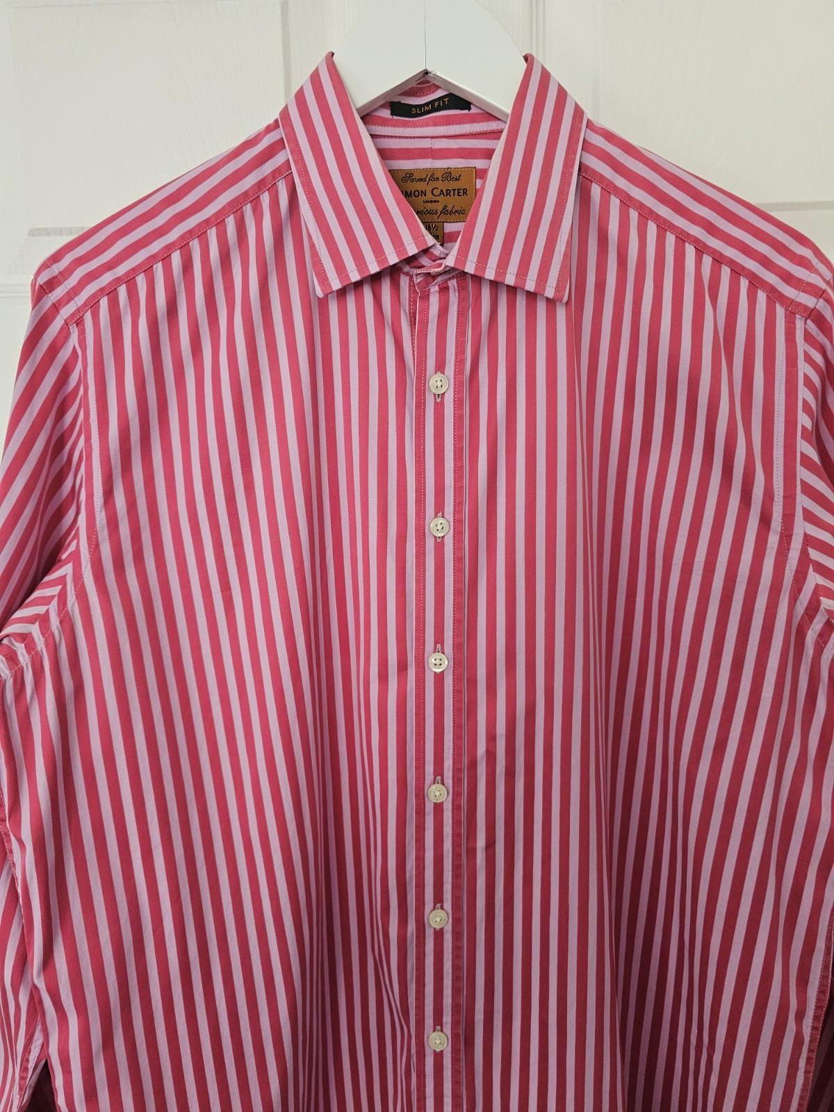 Simon Carter Stripe Shirt Size 16.5″ Slim Fit Luxurious Fabric Cotton Pink Lilac