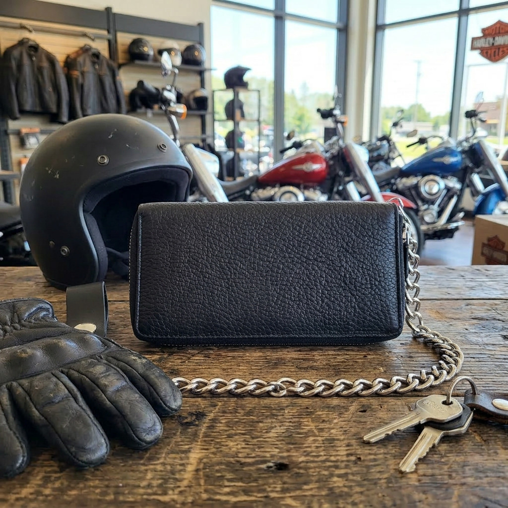 Genuine Full Cowhide Leather Biker All Over Zipper 7″ Wallet With Chain Black