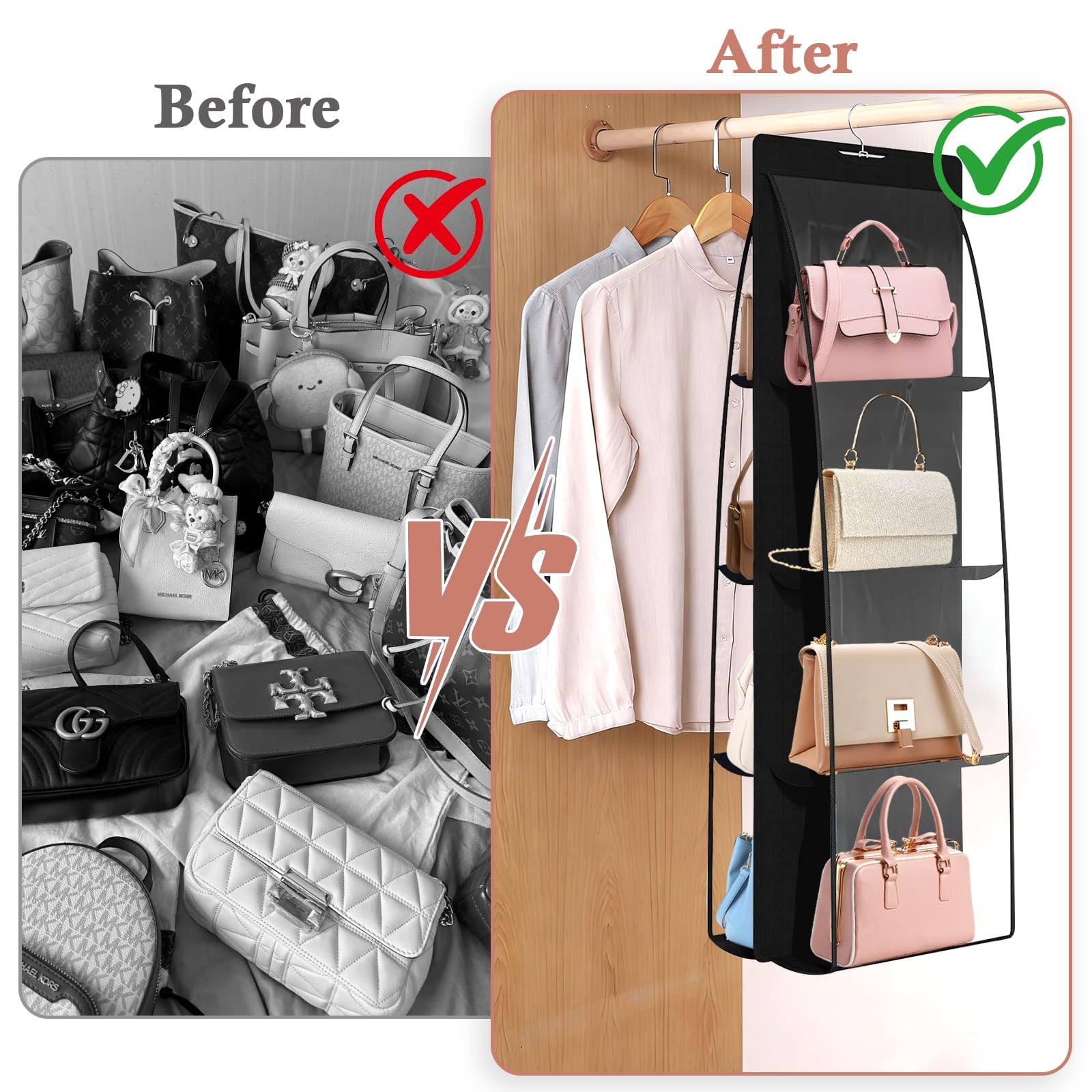 3 Pack Purse Organizer for Closet, 8 Pockets Black Handbag Hanging, Handbag S