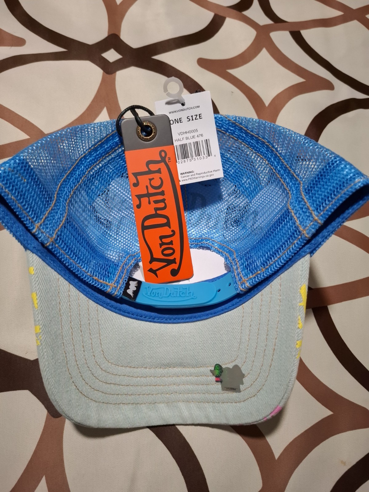 VON DUTCH BLUE & BEIGE TRUCKER HAT MESH BACK ADJUSTABLE LOGO ONE SIZE