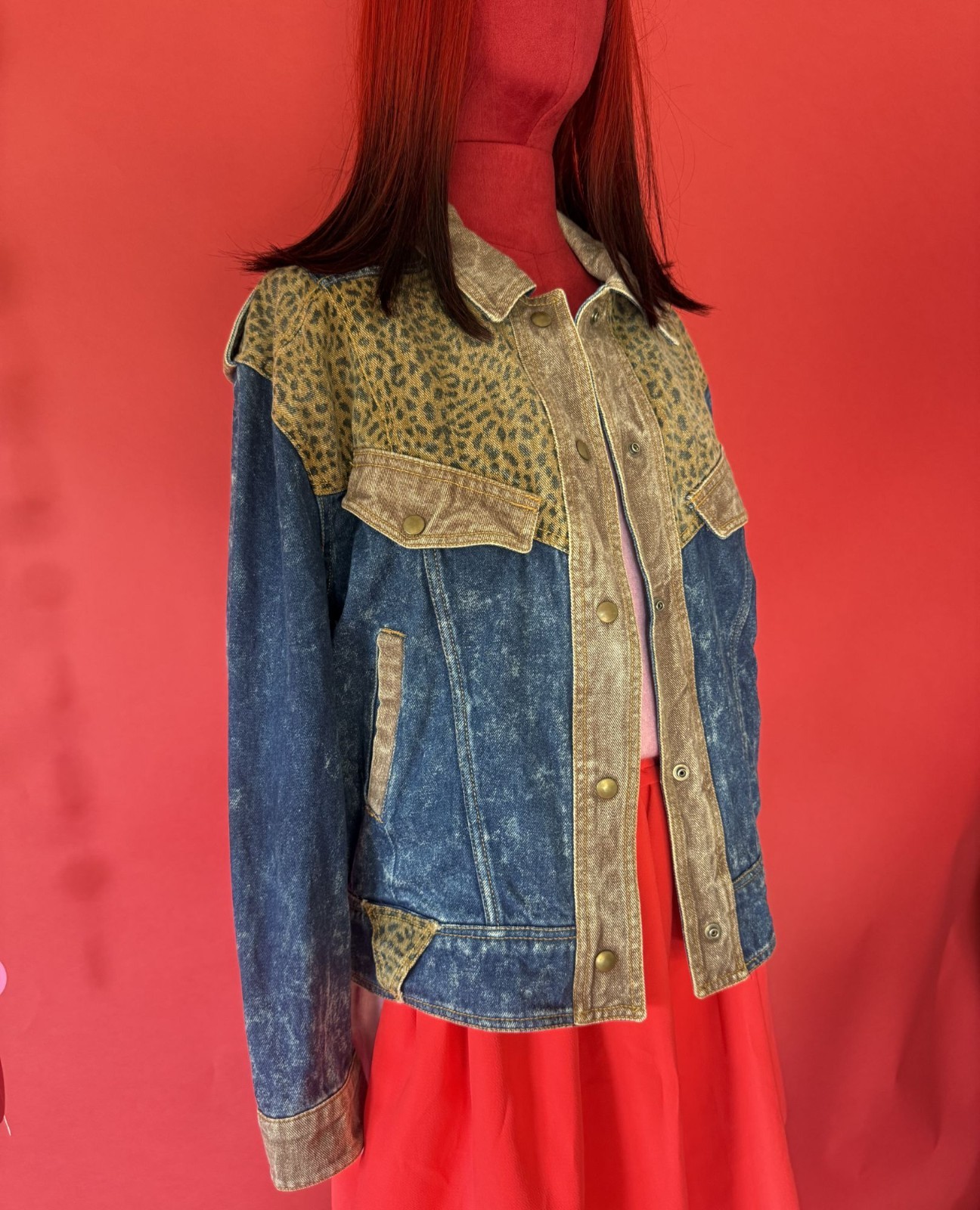 Vintage 80s NYG Acid Wash Denim Jacket | Leopard Print Western Yoke | Brass Snap